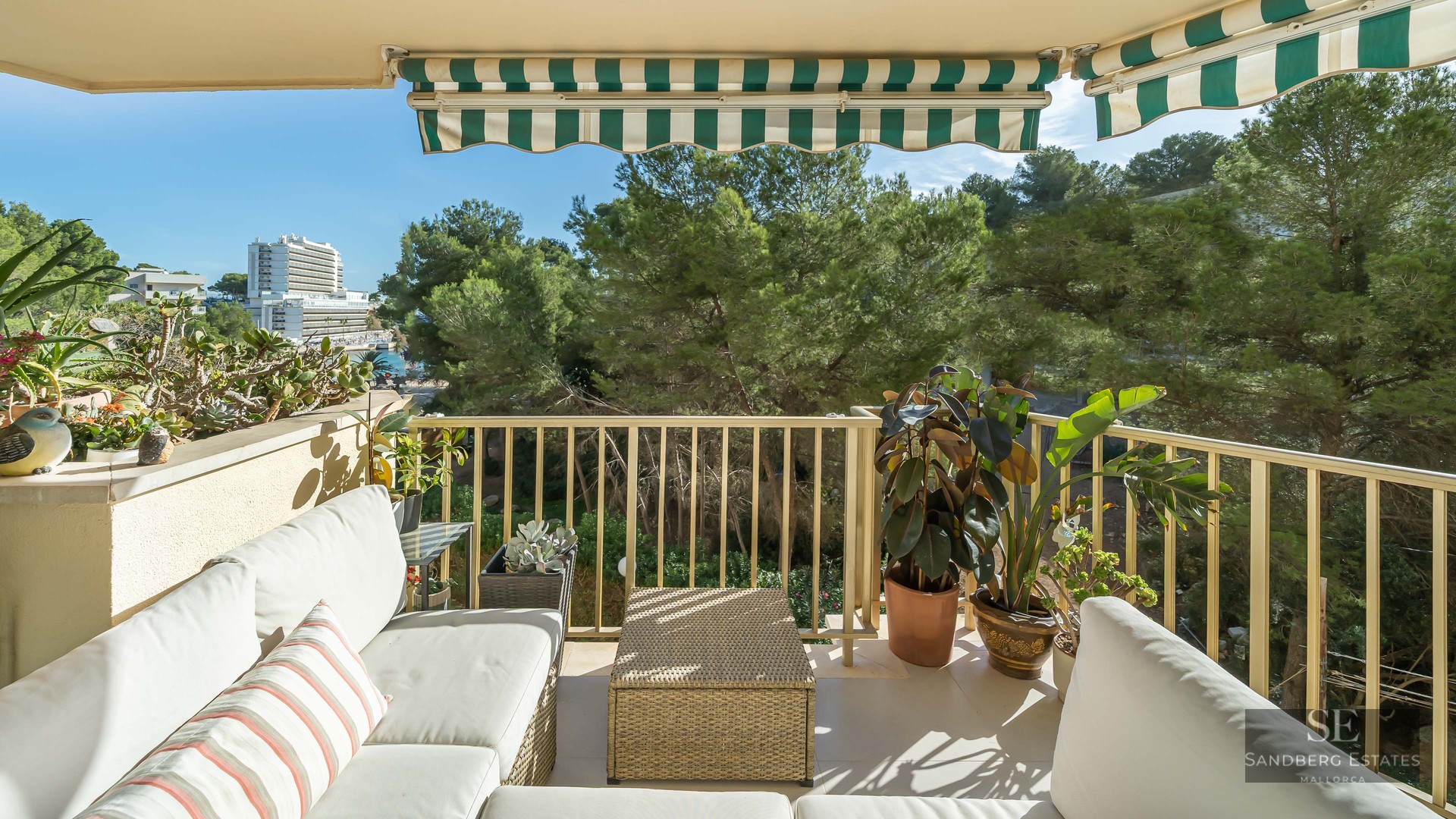 Balcon lumineux avec canapés blancs, table en osier, store rayé et plantes donnant sur les arbres et les bâtiments au loin.