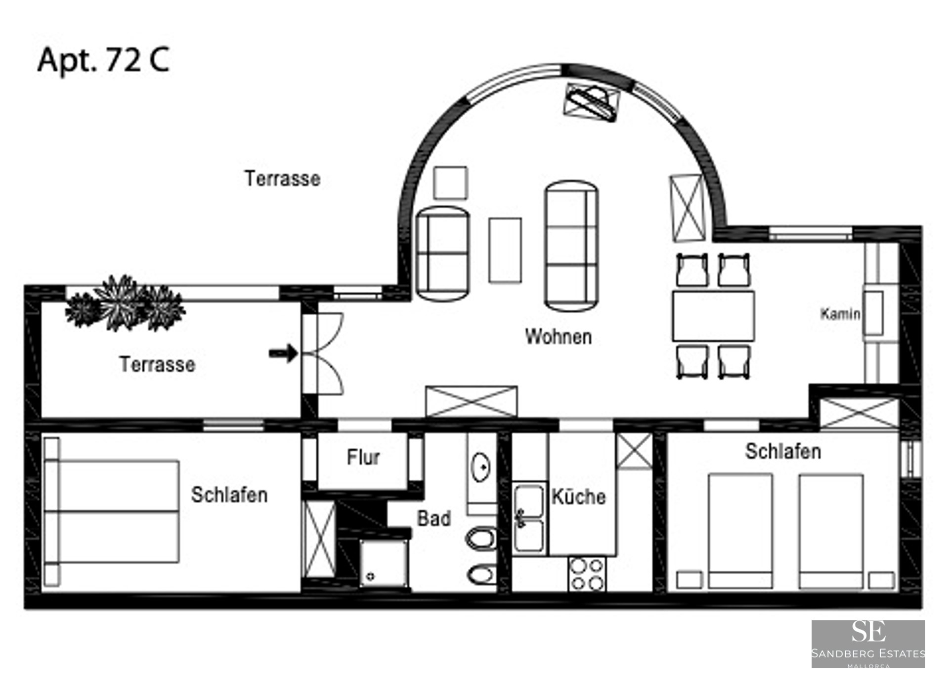 Black and white 2D architectural floor plan of an apartment featuring a circular living area and two bedrooms.