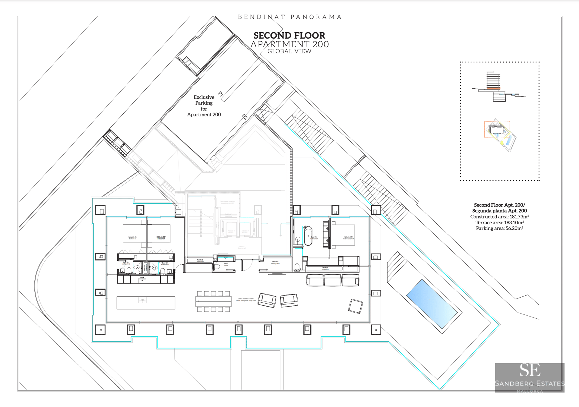 Architectural floor plan of a luxury 3-bedroom apartment with a large terrace and private pool.
