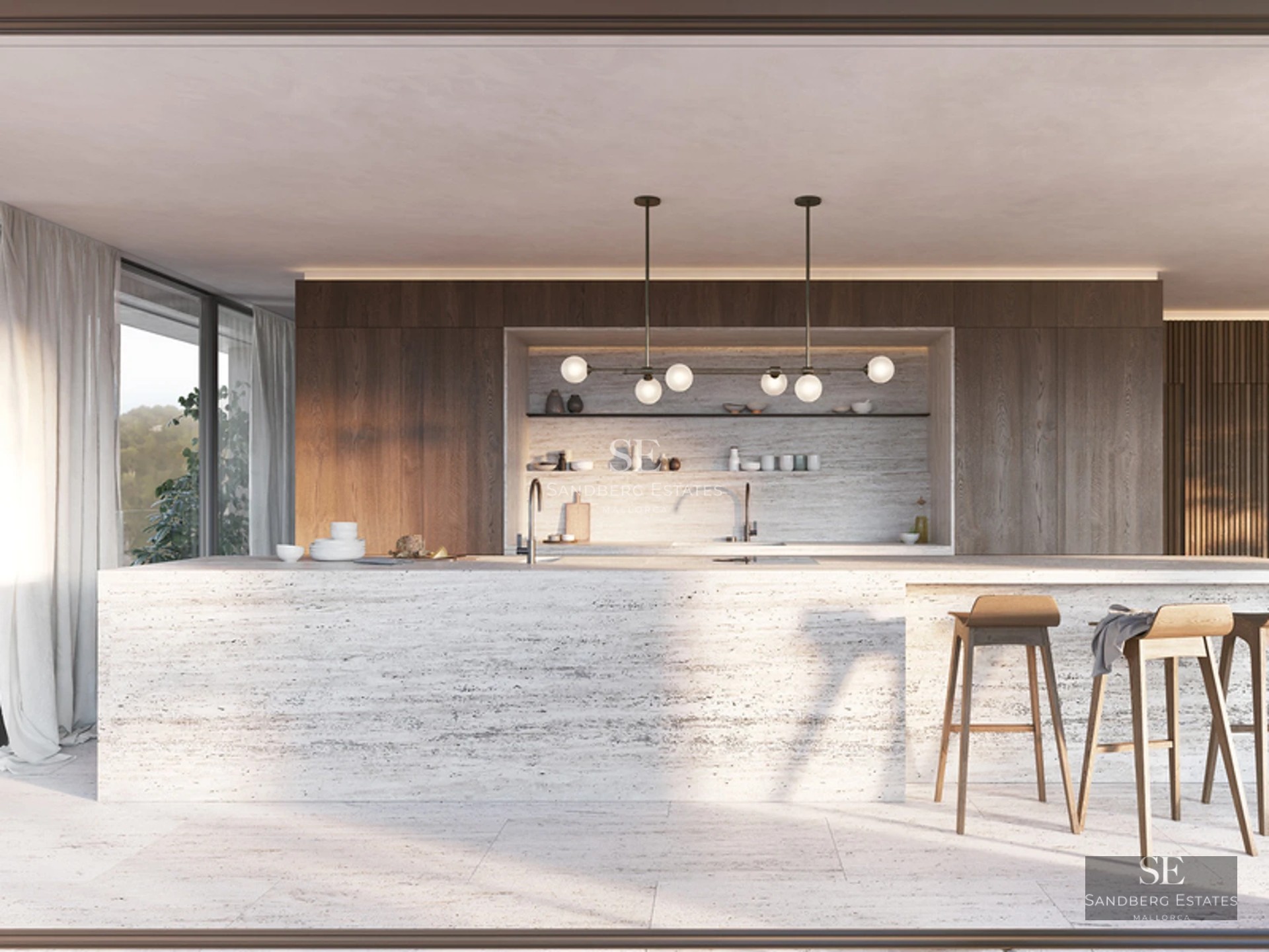 Exterior view of a modern villa with pool, terrace, and large windows. Minimalist architecture and lush gardens.