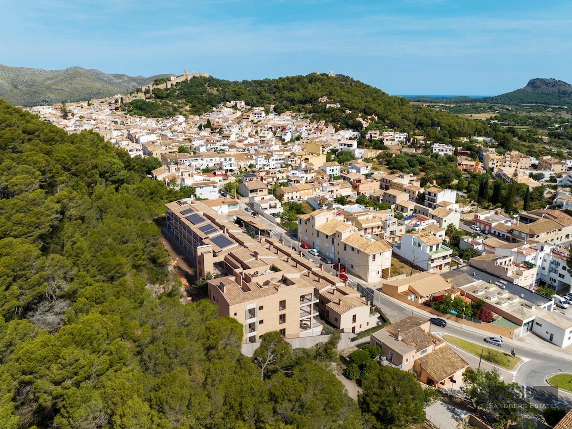 Aerial view of a Mediterranean town nestled against a pine forest with a historic castle on the hill and sea in distance.
