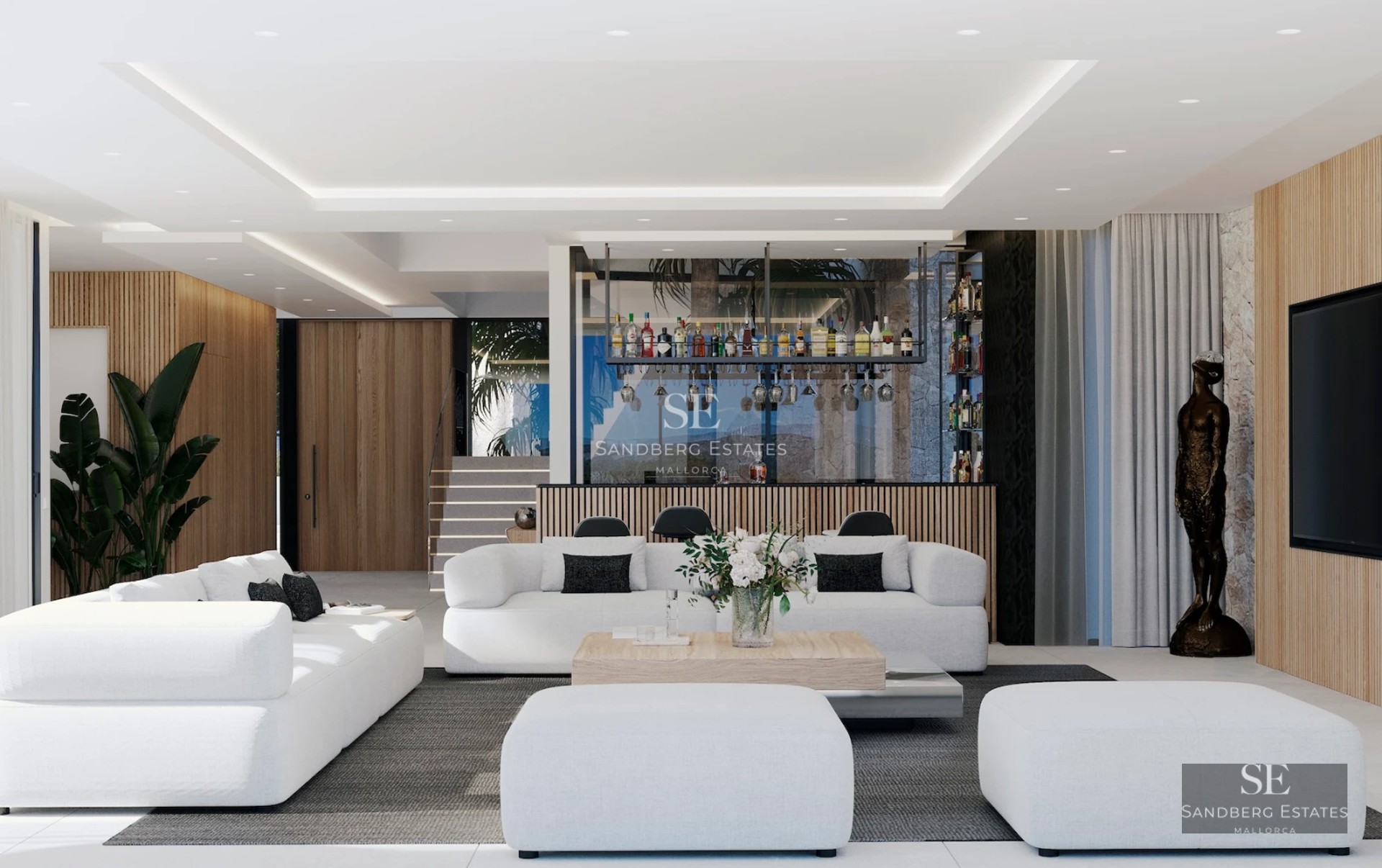 View of an elegant swimming pool surrounded by a lush garden. Modern architecture with large windows and luxury finishes.