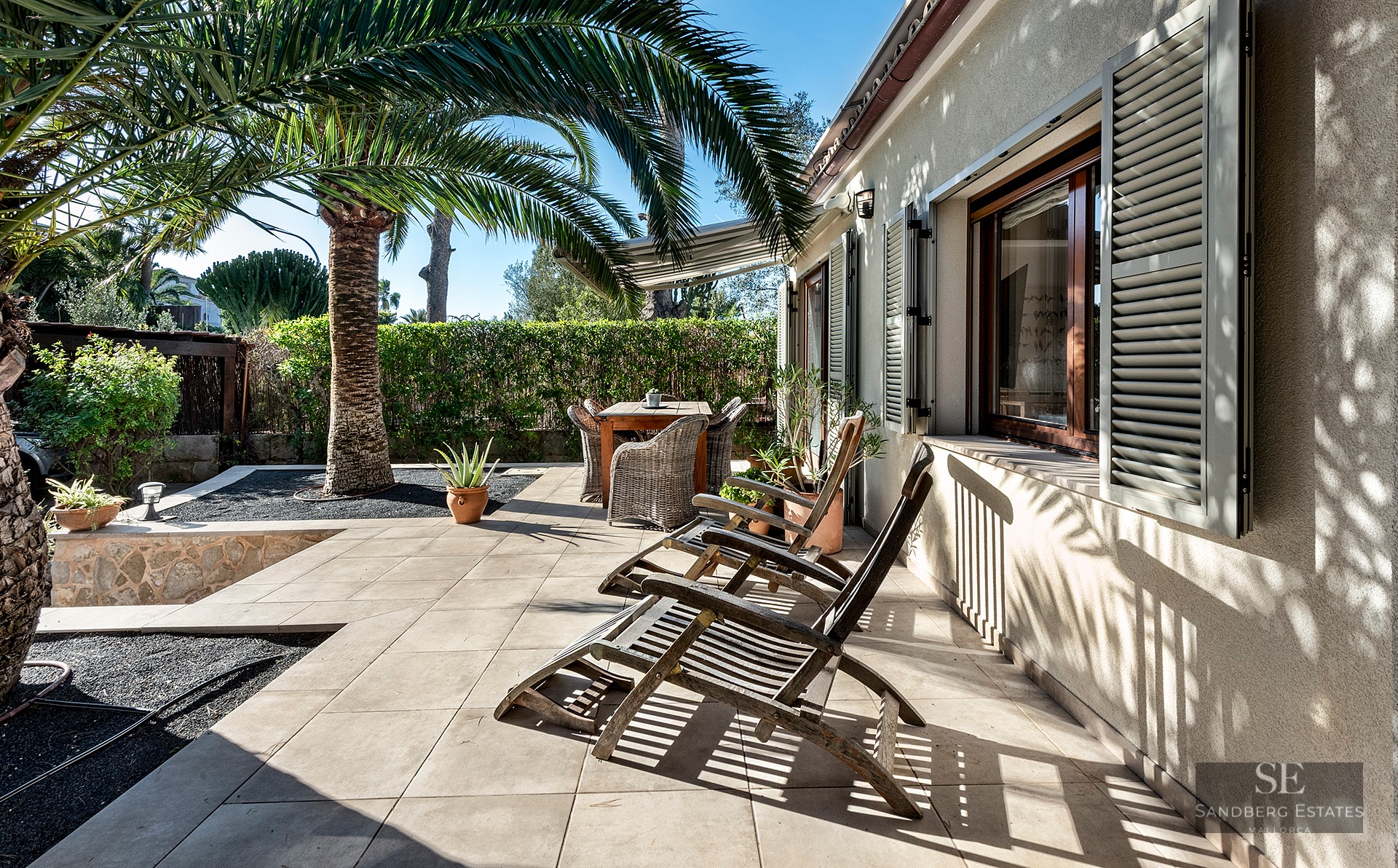Sunny tiled patio with wooden lounge chairs, a dining set, and a large palm tree against a beige house wall with shutters.