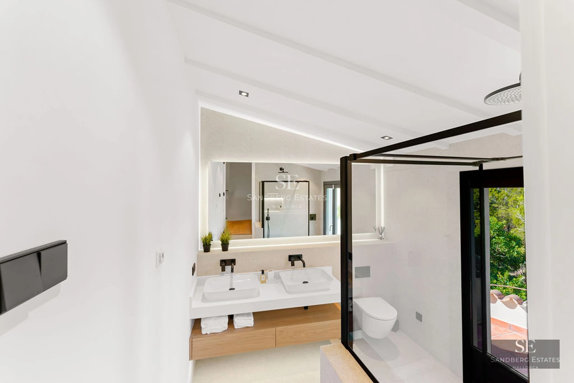 Pool view with sleek design, modern loungers, and lush greenery. Minimalist facade with large windows.