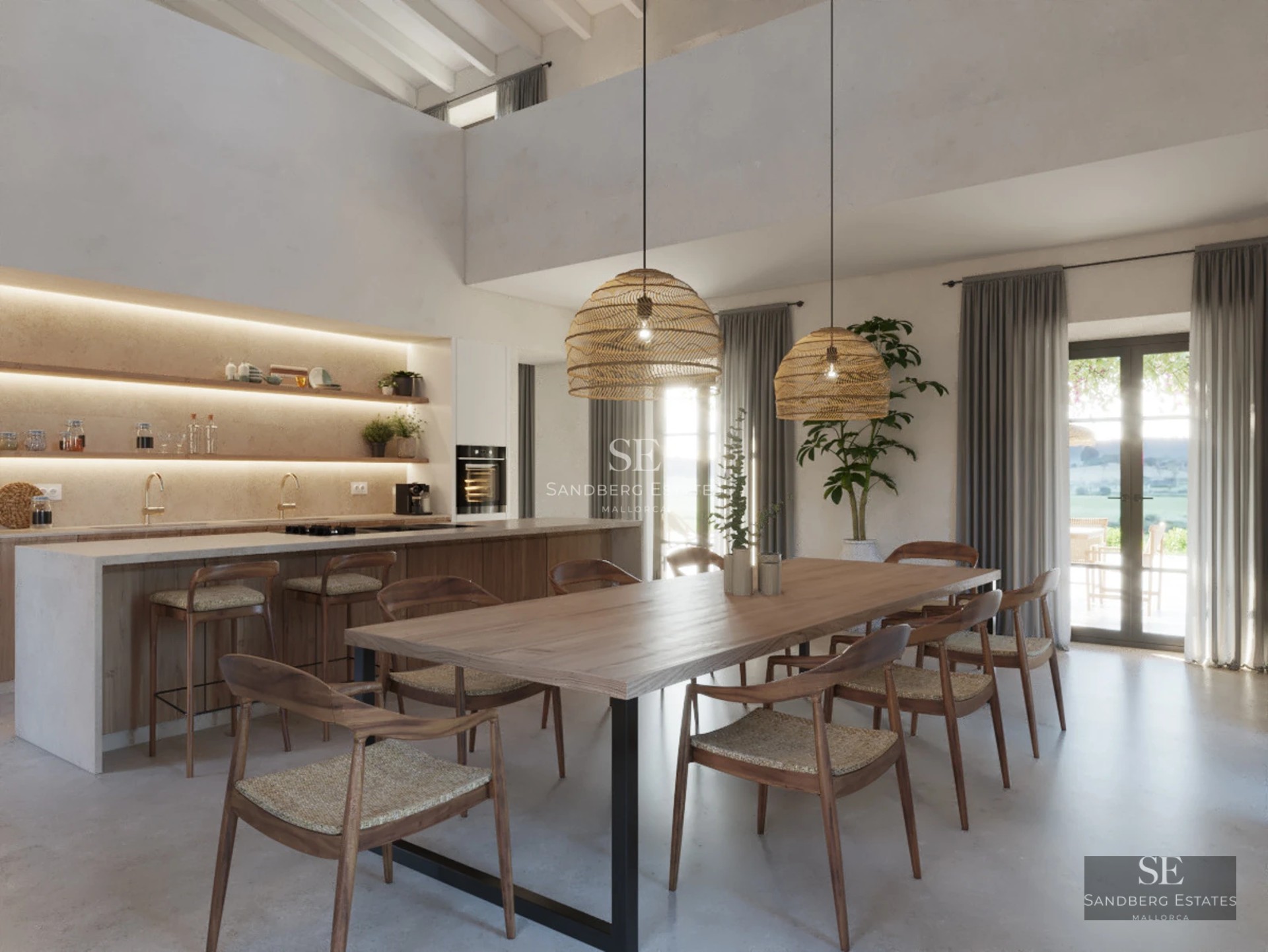 Image of an outdoor pool with modern design, surrounded by greenery and a minimalist architecture house in the background.