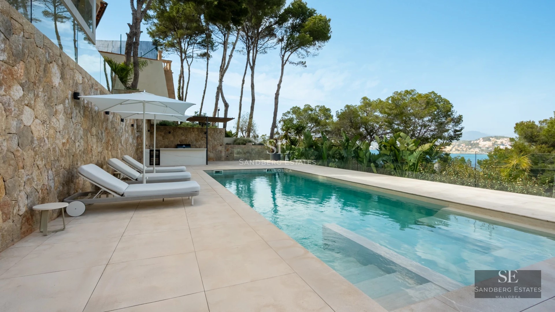 Exterior view of a modern house with infinity pool, surrounded by greenery. Architectural design features large windows and a terrace.