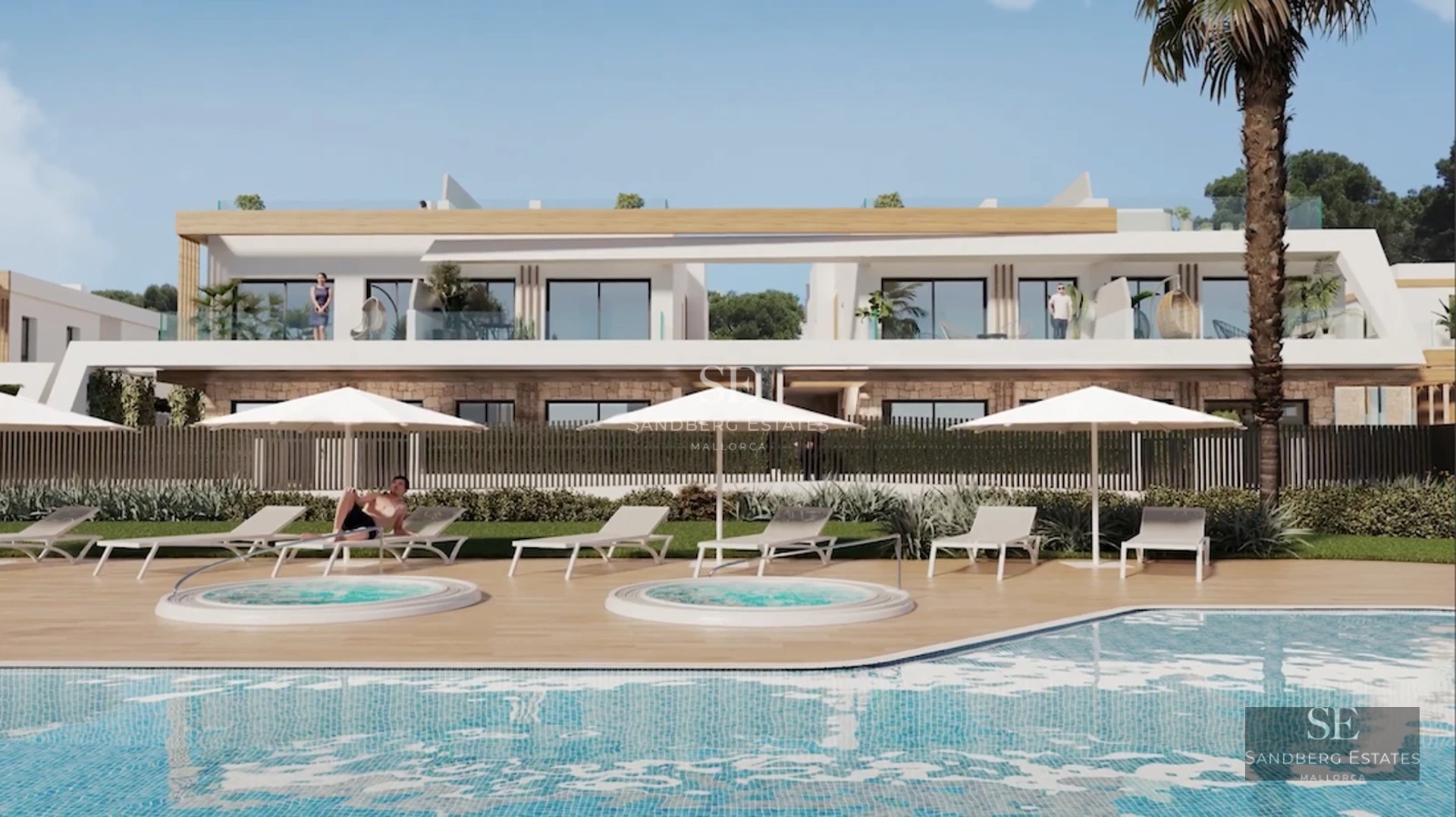 Exterior of modern villa featuring turquoise pool, spacious terrace and minimalist architectural design. Manicured garden.