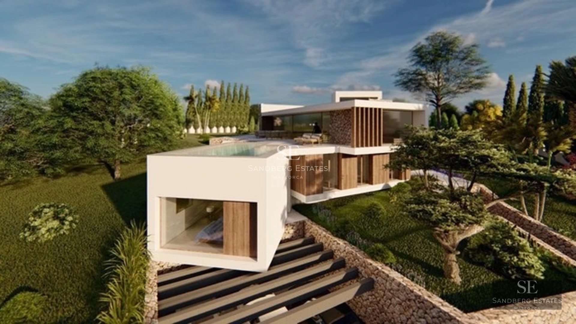 Modern villa exterior with infinity pool, lush garden, and spacious terraces. Minimalist design and panoramic views.