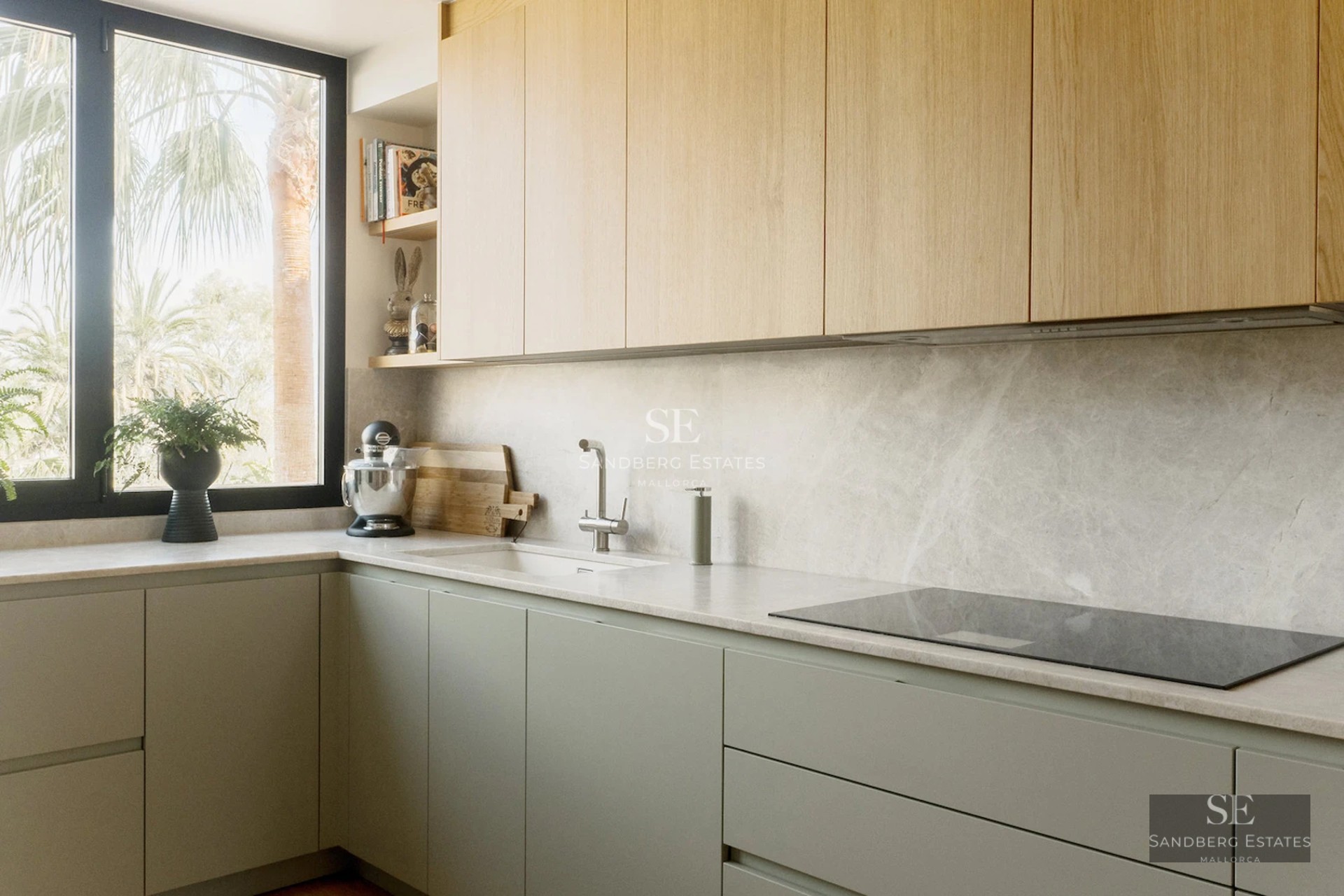 Exterior view of a modern villa with reflecting pool, surrounded by lush garden. Minimalist architecture and elegant design.