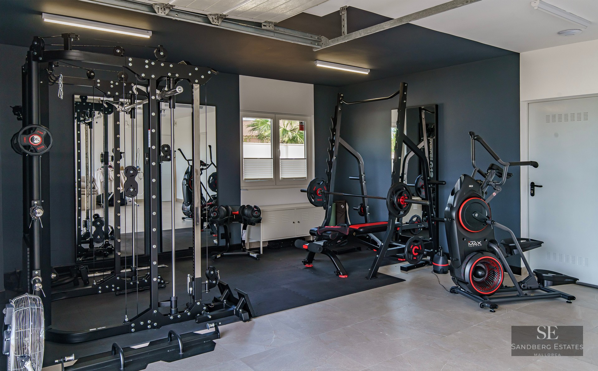 Professional home gym with black weight machines, squat rack, cardio equipment, and large mirrors against dark grey walls.