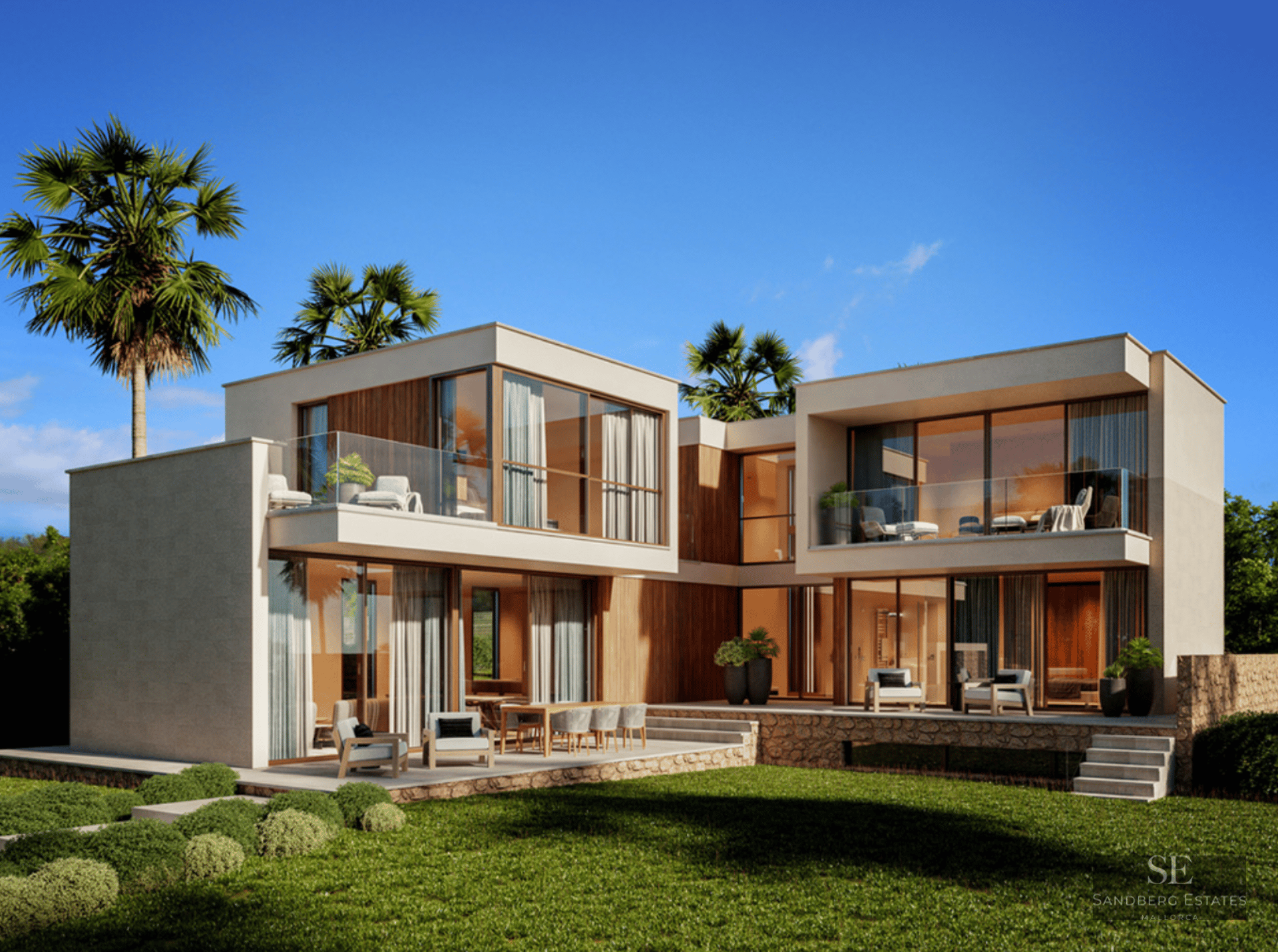 Two-story modern villa with floor-to-ceiling glass windows, wood accents, and a lush green lawn under a blue sky.