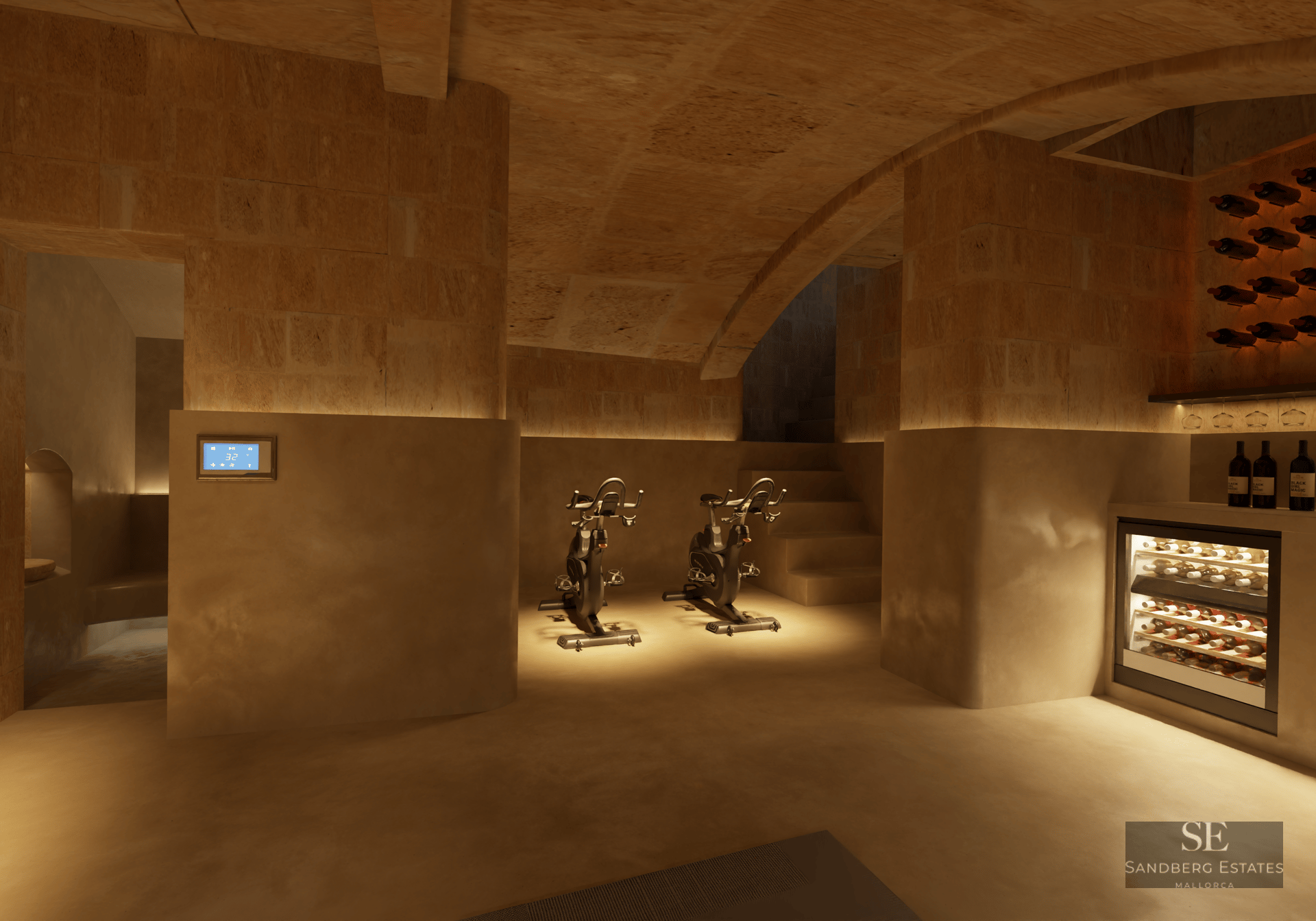 Modern underground gym with stationary bikes, vaulted stone ceilings, and warm ambient lighting.