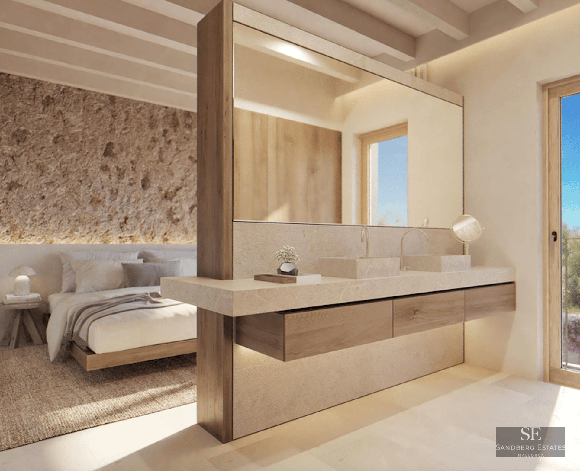 Modern master bedroom with integrated stone double vanity, rustic stone accent wall, and timber-beamed ceiling.