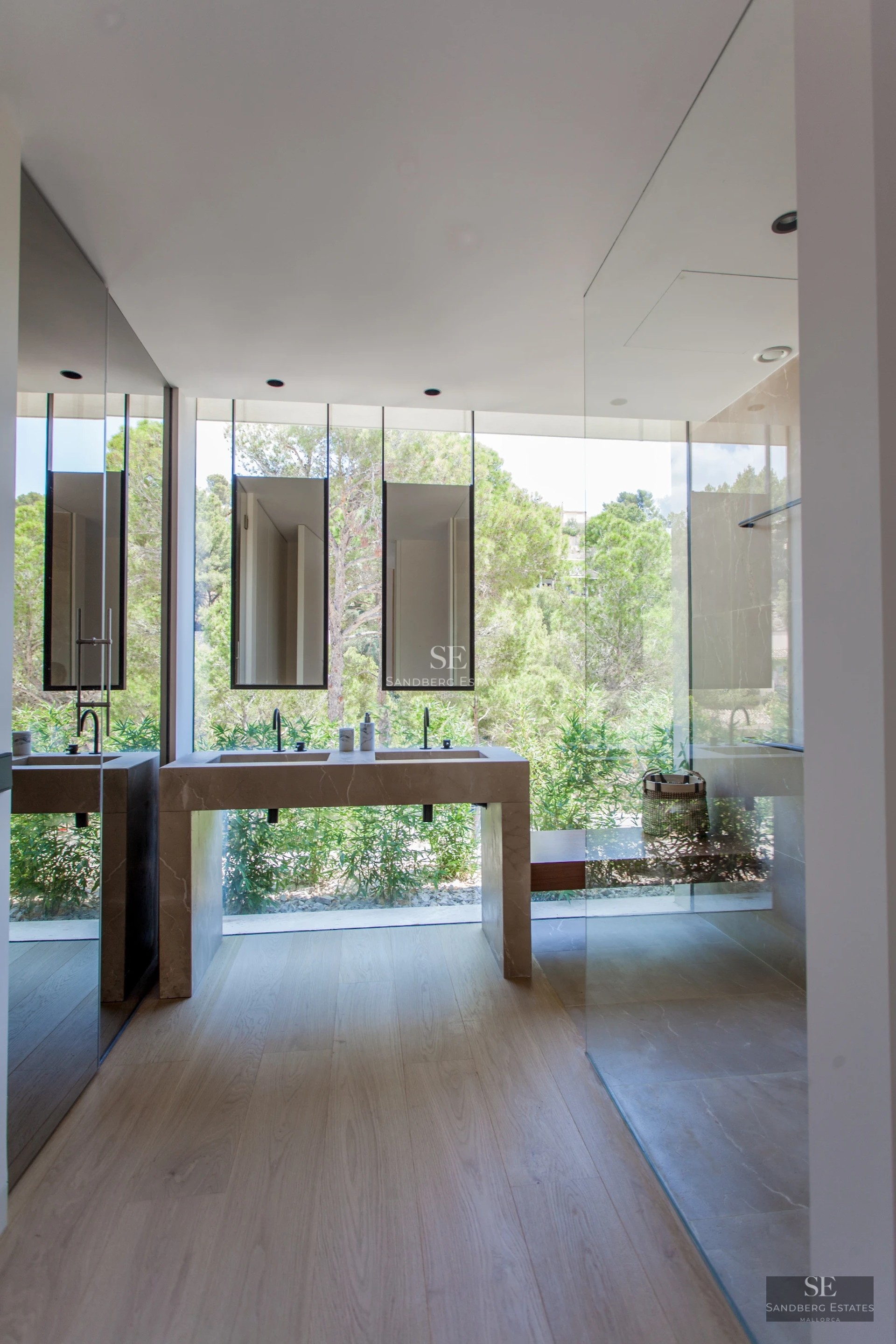 Modern villa with minimalist facade, reflecting pool, large garden and clear blue sky. Contemporary architecture.