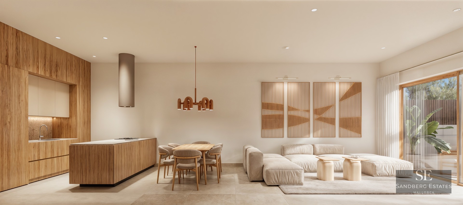 A spacious modern living area with a modular sofa, wooden dining set, and integrated kitchen in neutral tones.