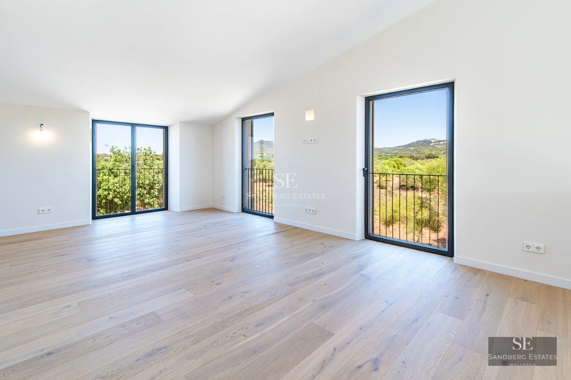 Exterior view of a modern villa with pool, garden area, and large windows. Minimalist and elegant design.