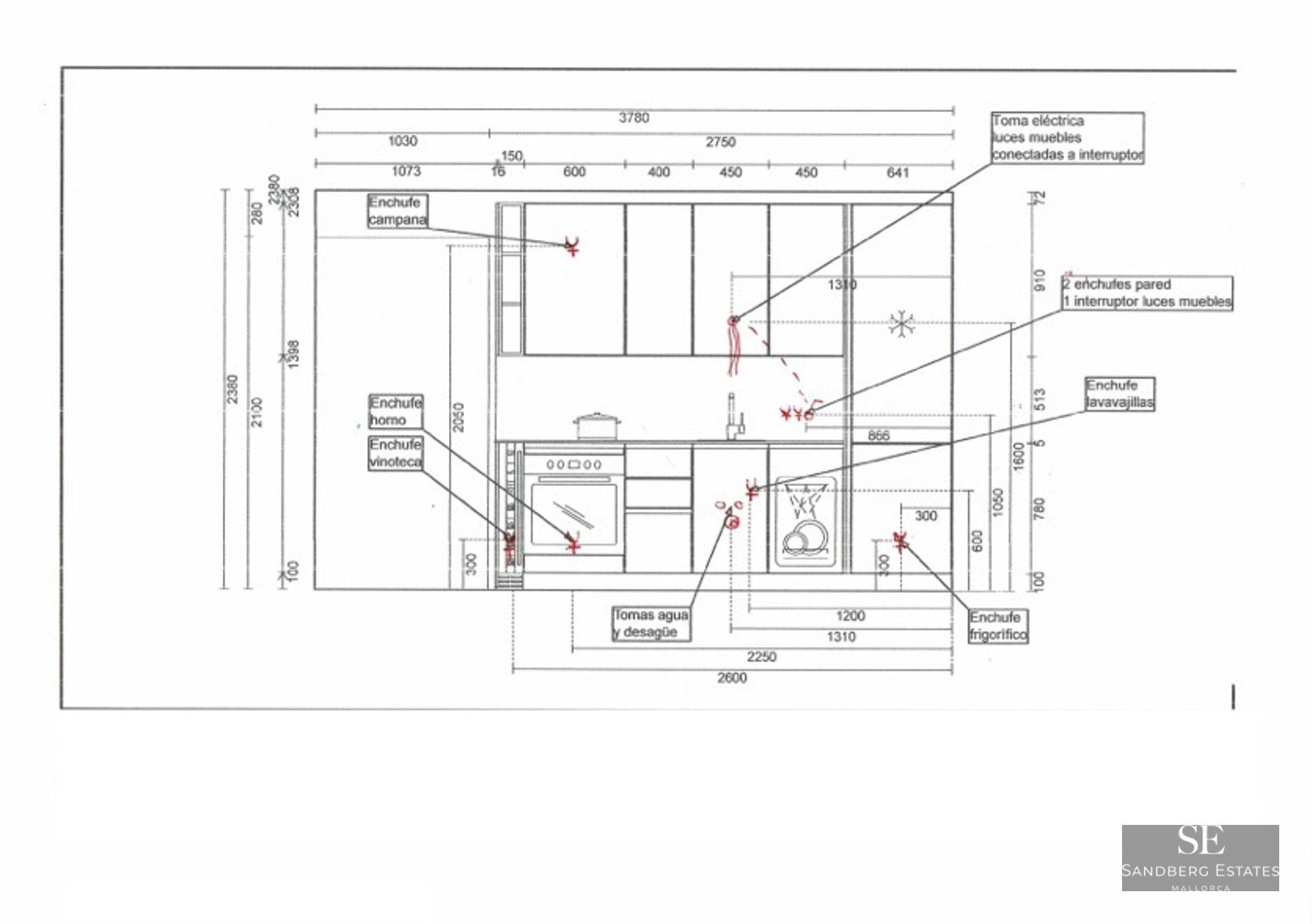 Technical drawing of a kitchen layout with measurements and markings for electrical and plumbing connections.