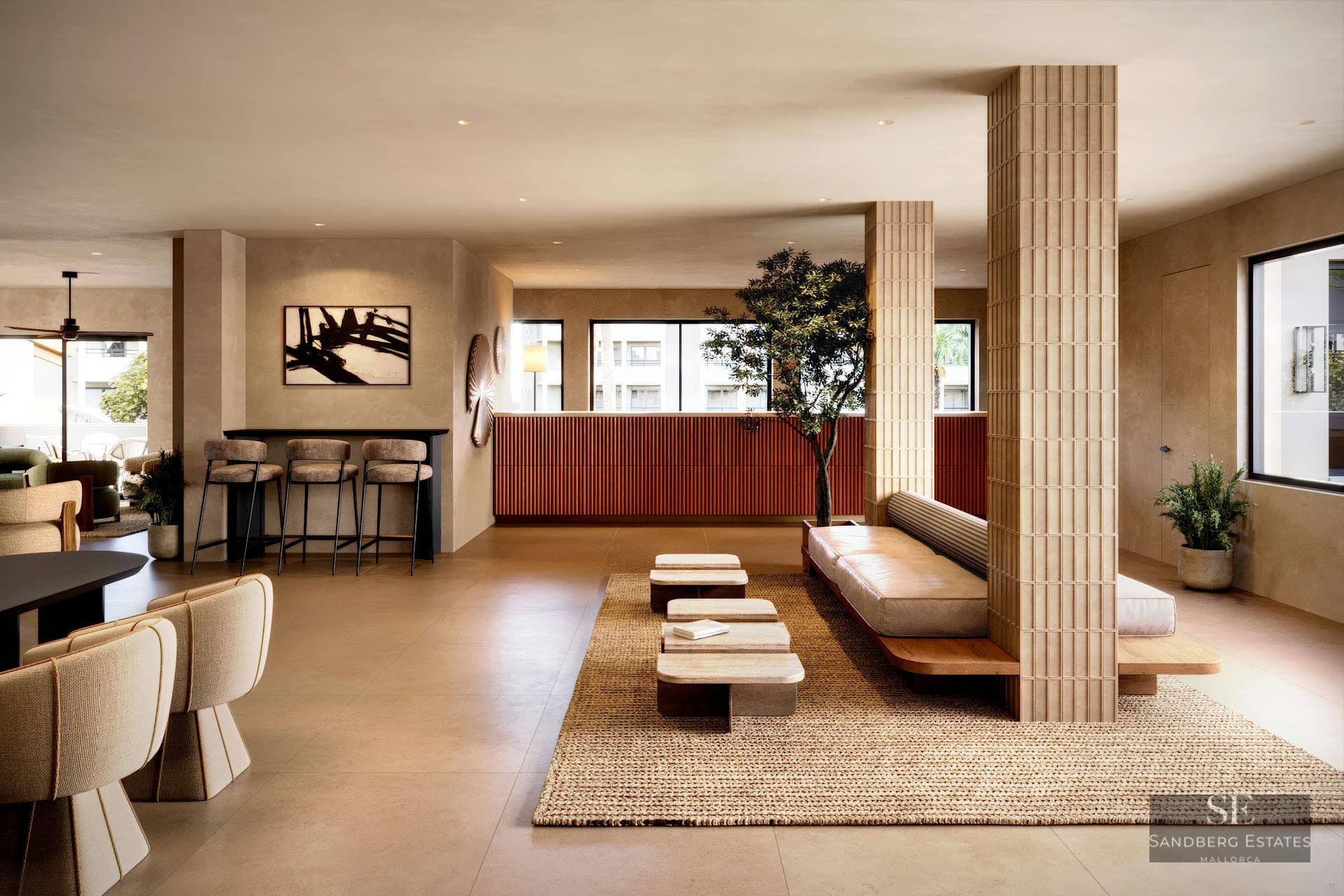 Modern lobby with fluted columns, low seating, a woven rug, and warm terracotta accents in a minimalist setting.