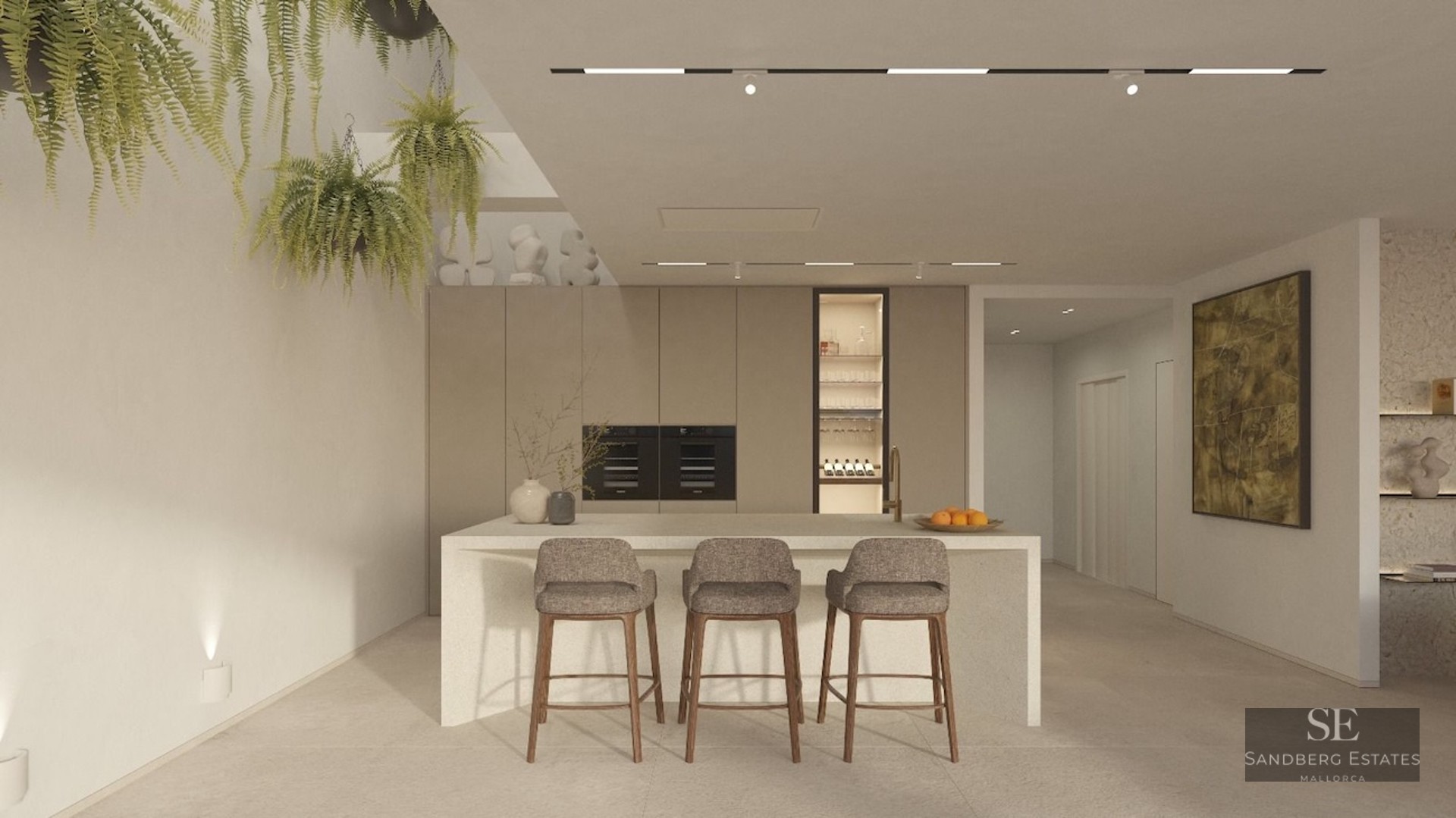 Modern kitchen with stone island, bar stools, hanging ferns, and integrated appliances against beige walls.