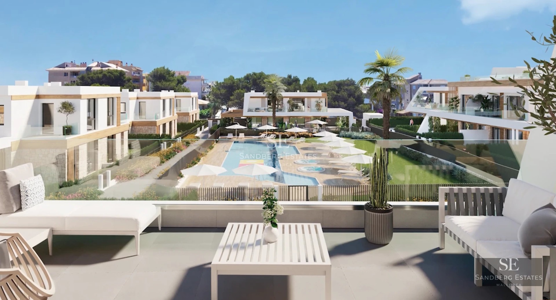 View of a modern villa featuring a pool, garden, and terraces. Minimalist architecture with large windows and stone detailing.