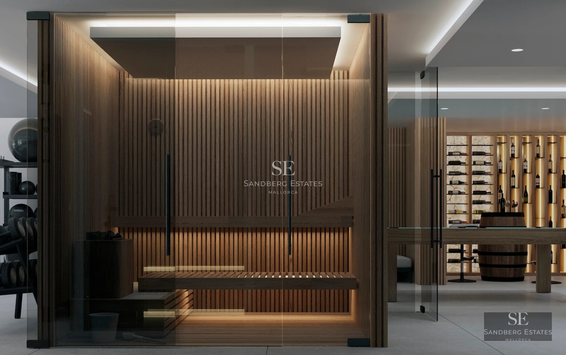 Exterior view of a modern villa with pool, expansive terraces, and lush gardens. Minimalist architecture, ambient lighting.