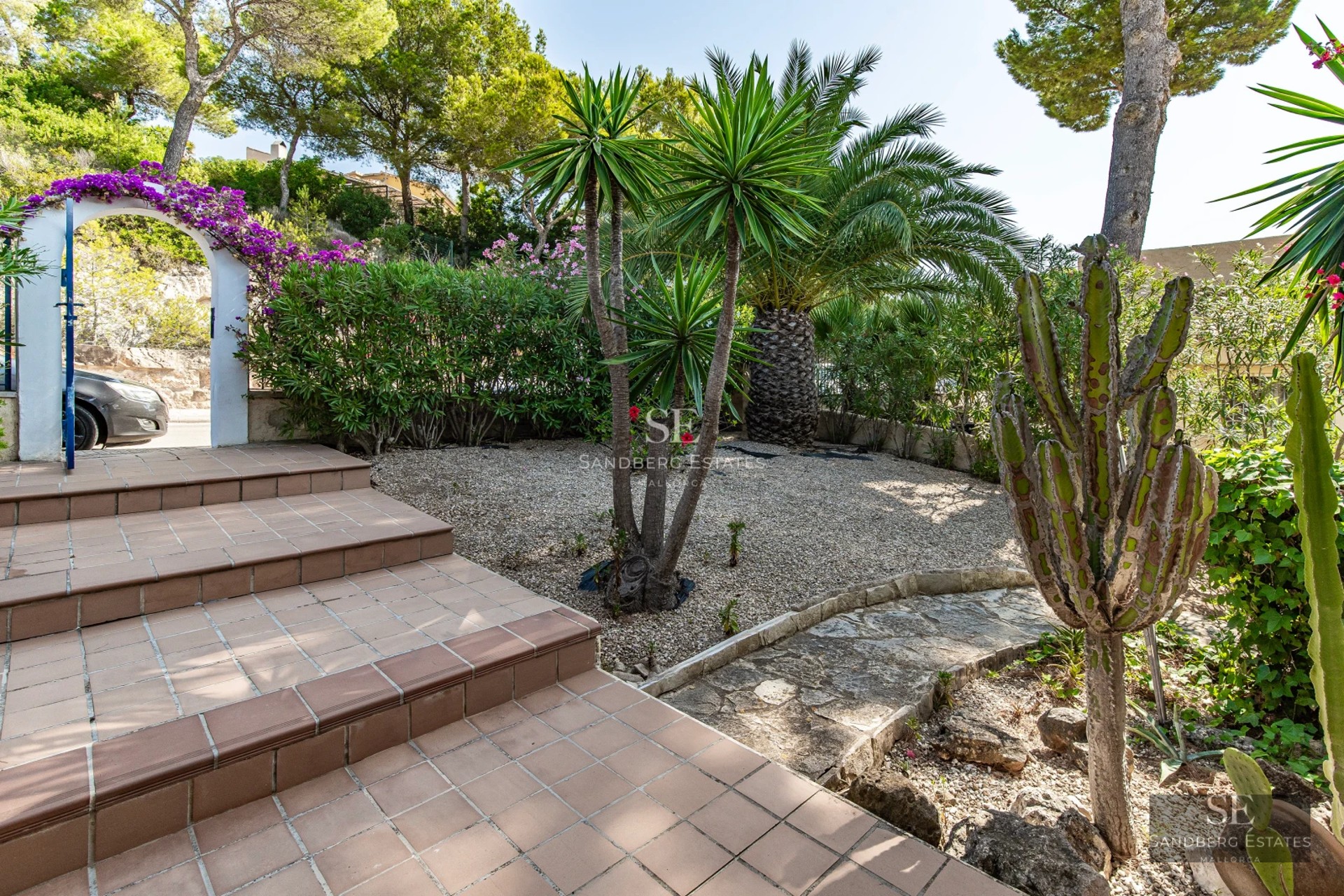 Exterior view of a luxurious modern villa with infinity pool, lush garden, and large terraces. Minimalist architecture, large windows.