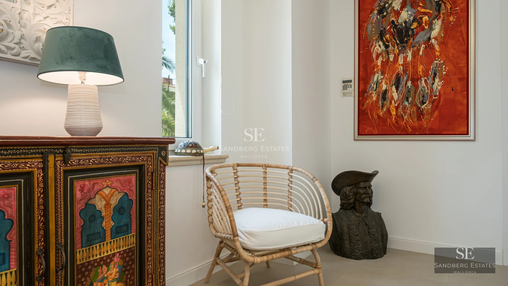 Expansive view with balcony, pool, sea in background. Modern design, natural light, neutral colors. Luxury finishes and contemporary style.