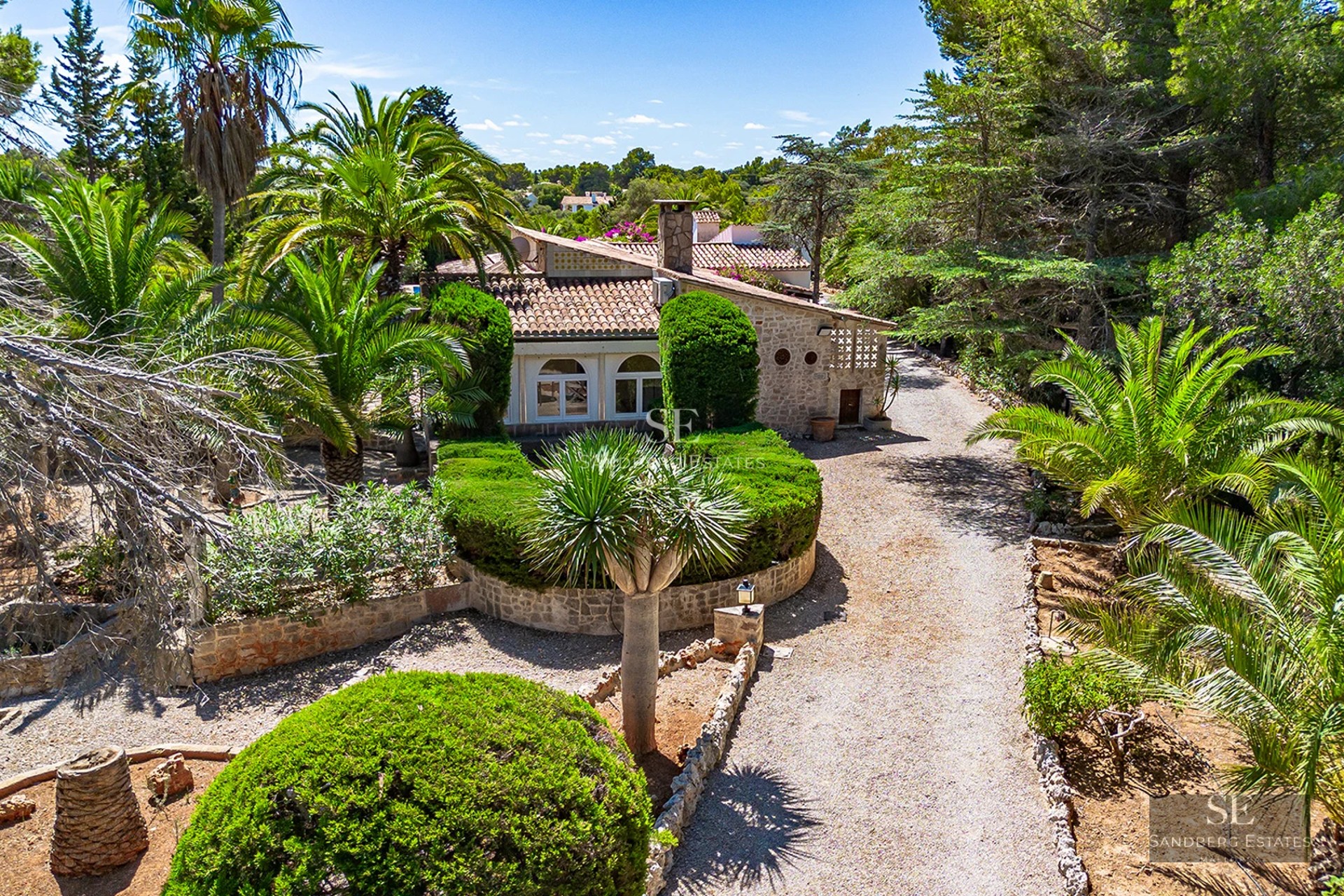 Modern exterior view. Minimalist architecture, reflecting pool, large windows. Lush garden. Warm lighting.