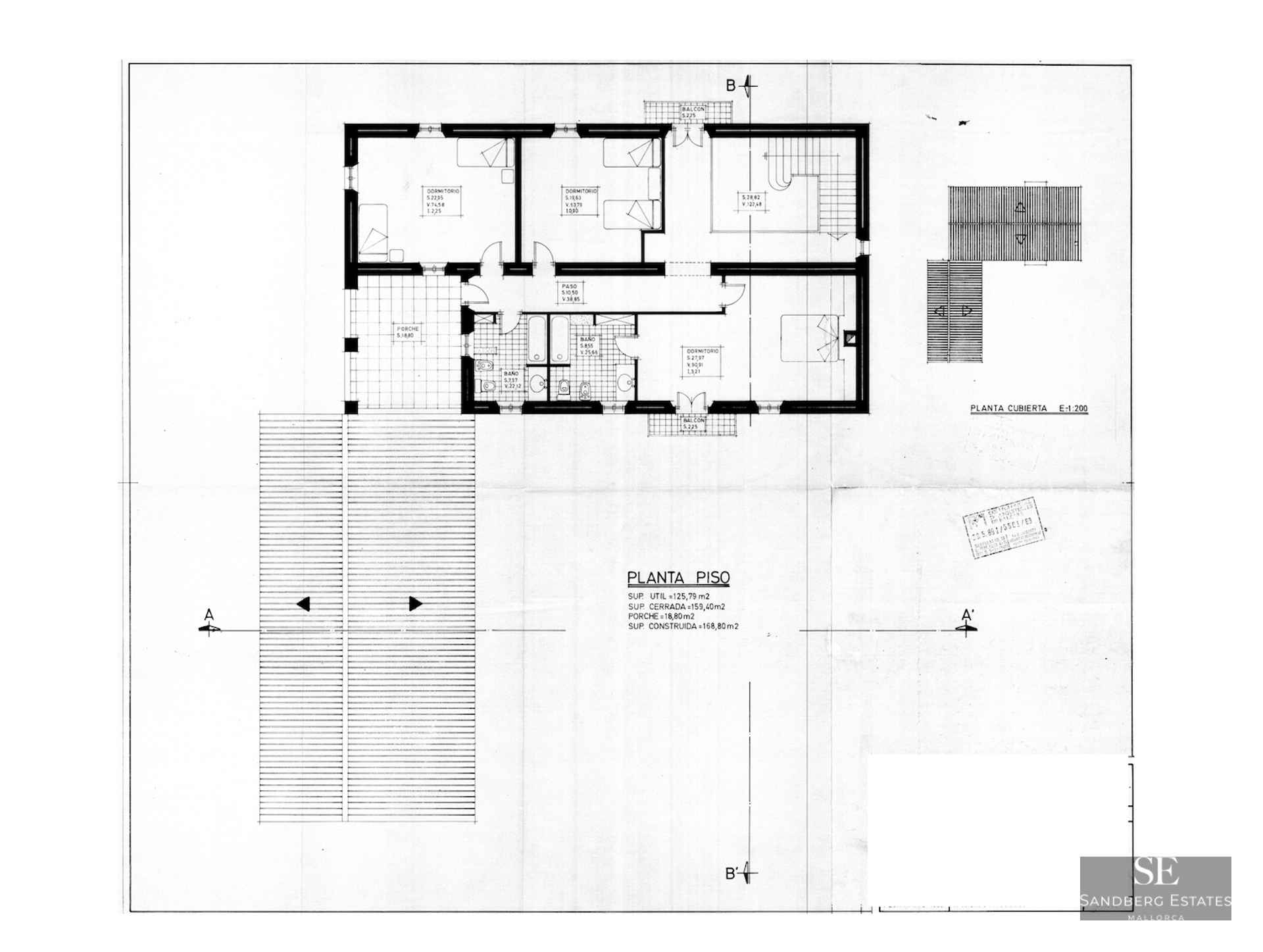 Black and white architectural floor plan showing three bedrooms, two bathrooms, a porch, and stairs.