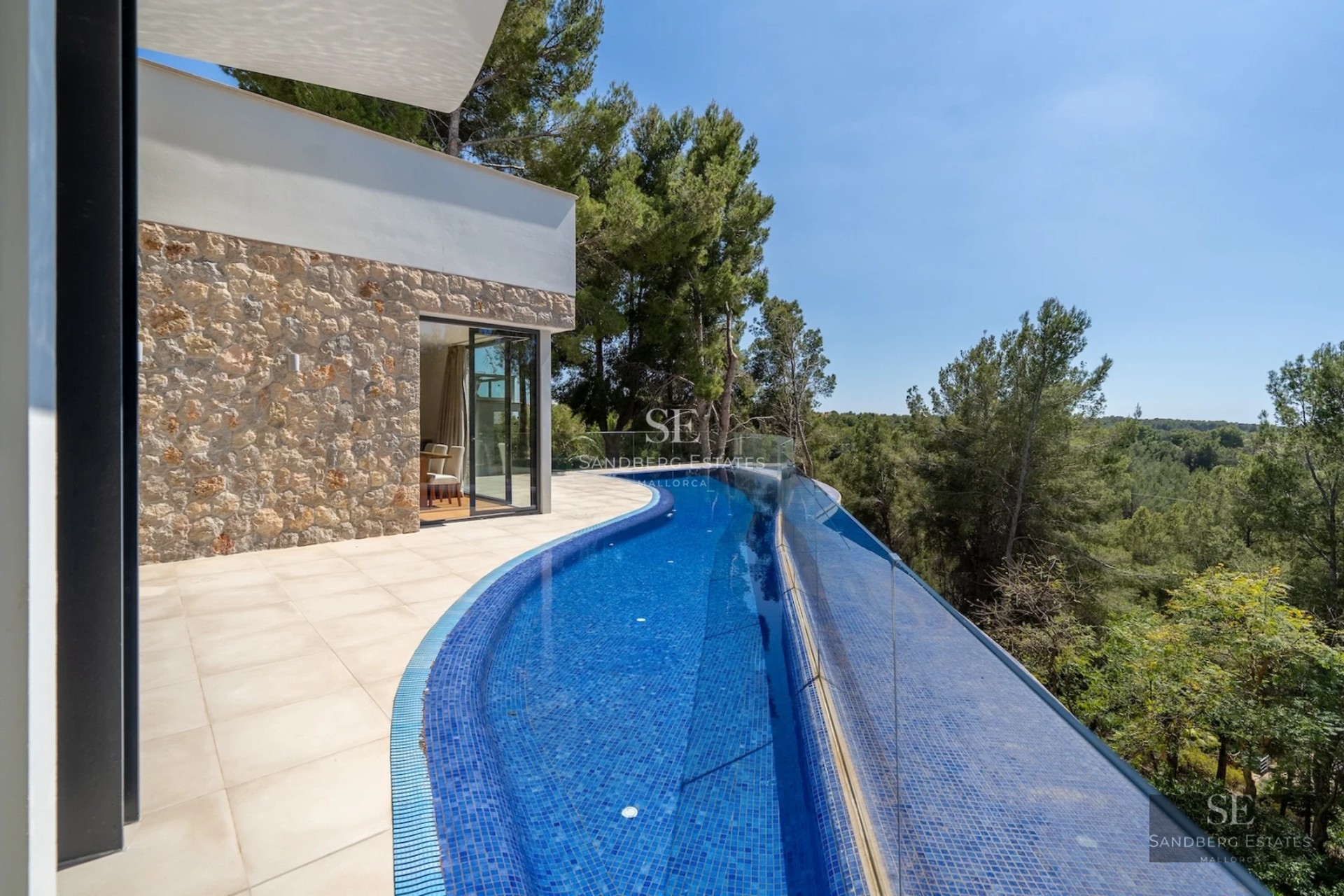View of an elegant pool surrounded by manicured lawn and a modern house with large windows. Minimalist design and natural light.