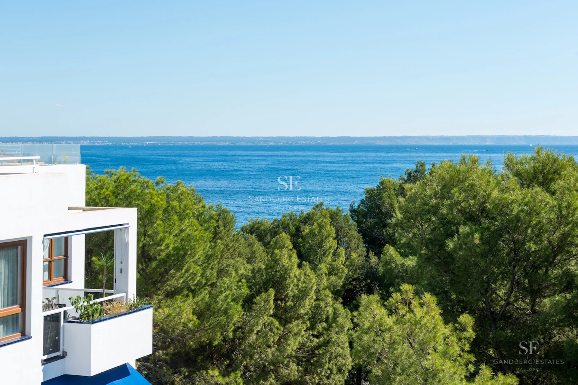 Image of a modern pool with sea views. Sleek design, natural lighting, light tiles, and lush greenery.