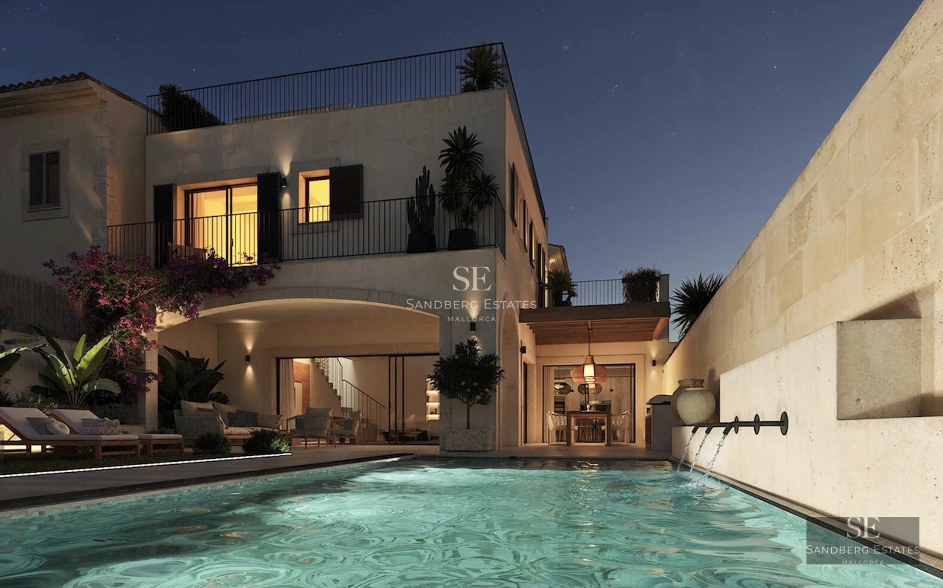 Exterior view of a modern villa with infinity pool. Minimalist design, large garden, and window walls providing brightness.