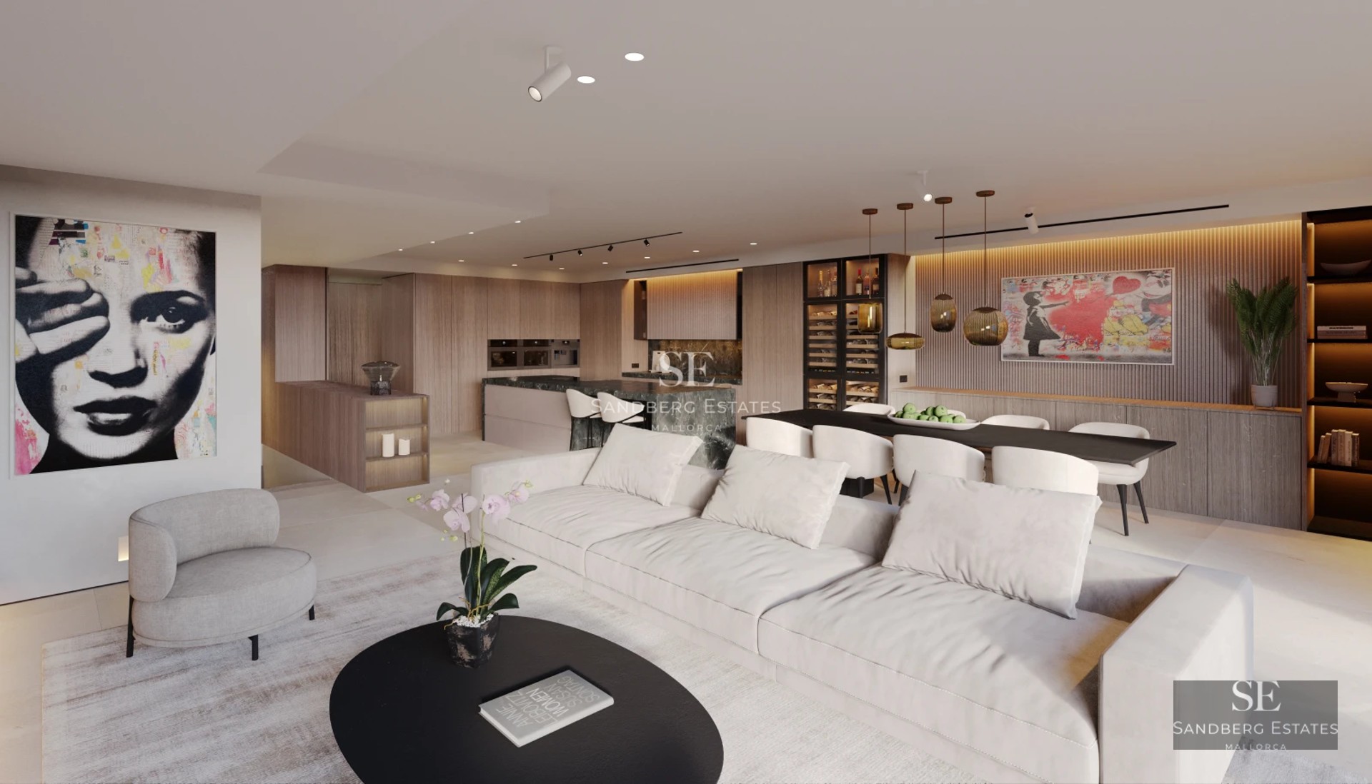 Modern interior with natural light: light wood floor, white walls, gray sofa, large window, coffee table, and minimalist decor.