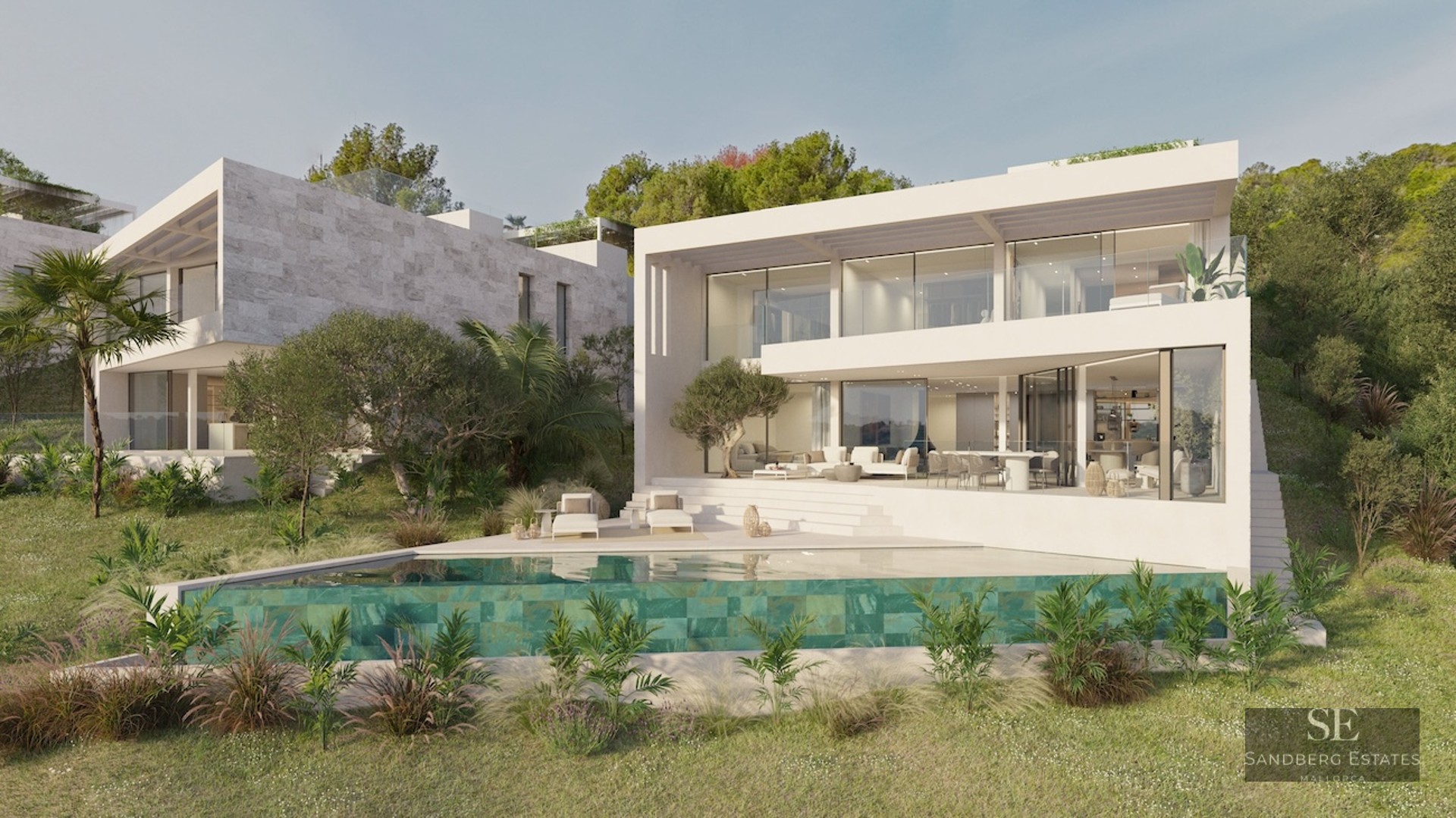 Modern two-story white villa with an infinity pool, glass balconies, and lush Mediterranean landscaping.