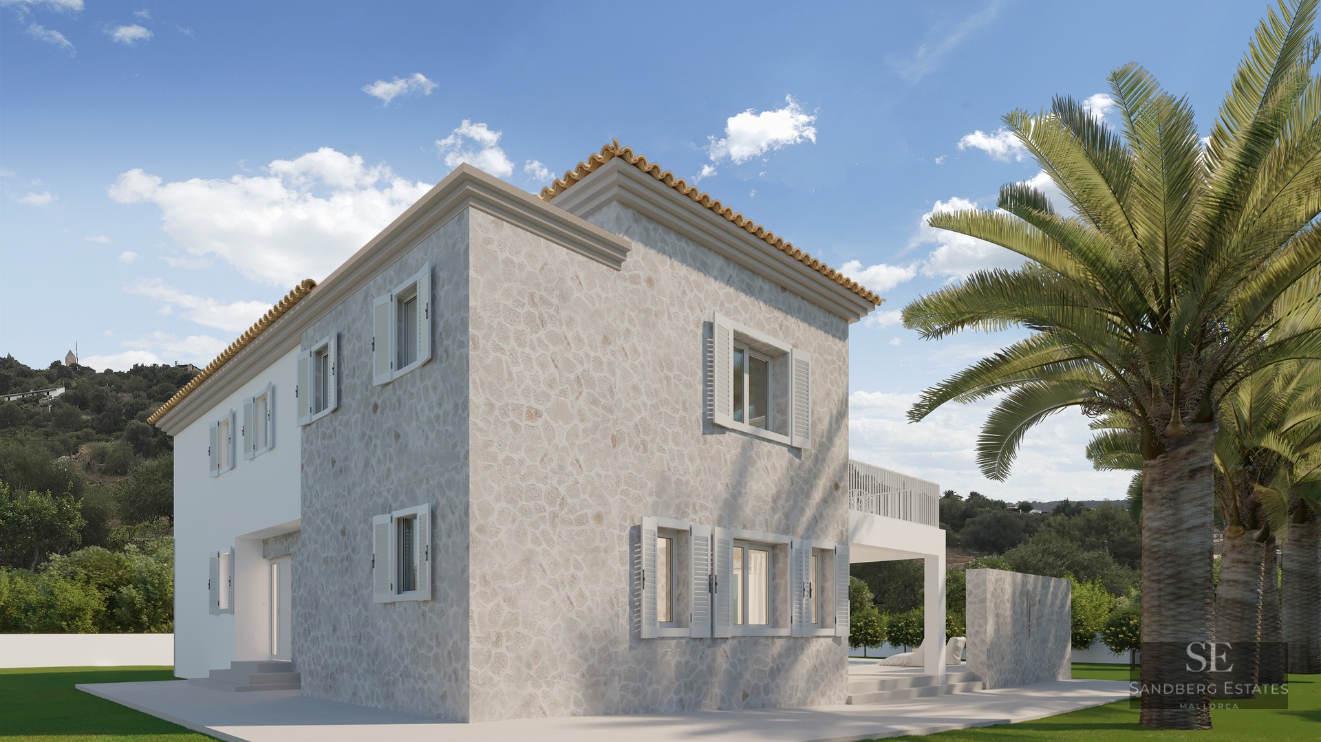 Two-story stone villa with white shutters and terracotta roof next to palm trees under a blue sky.