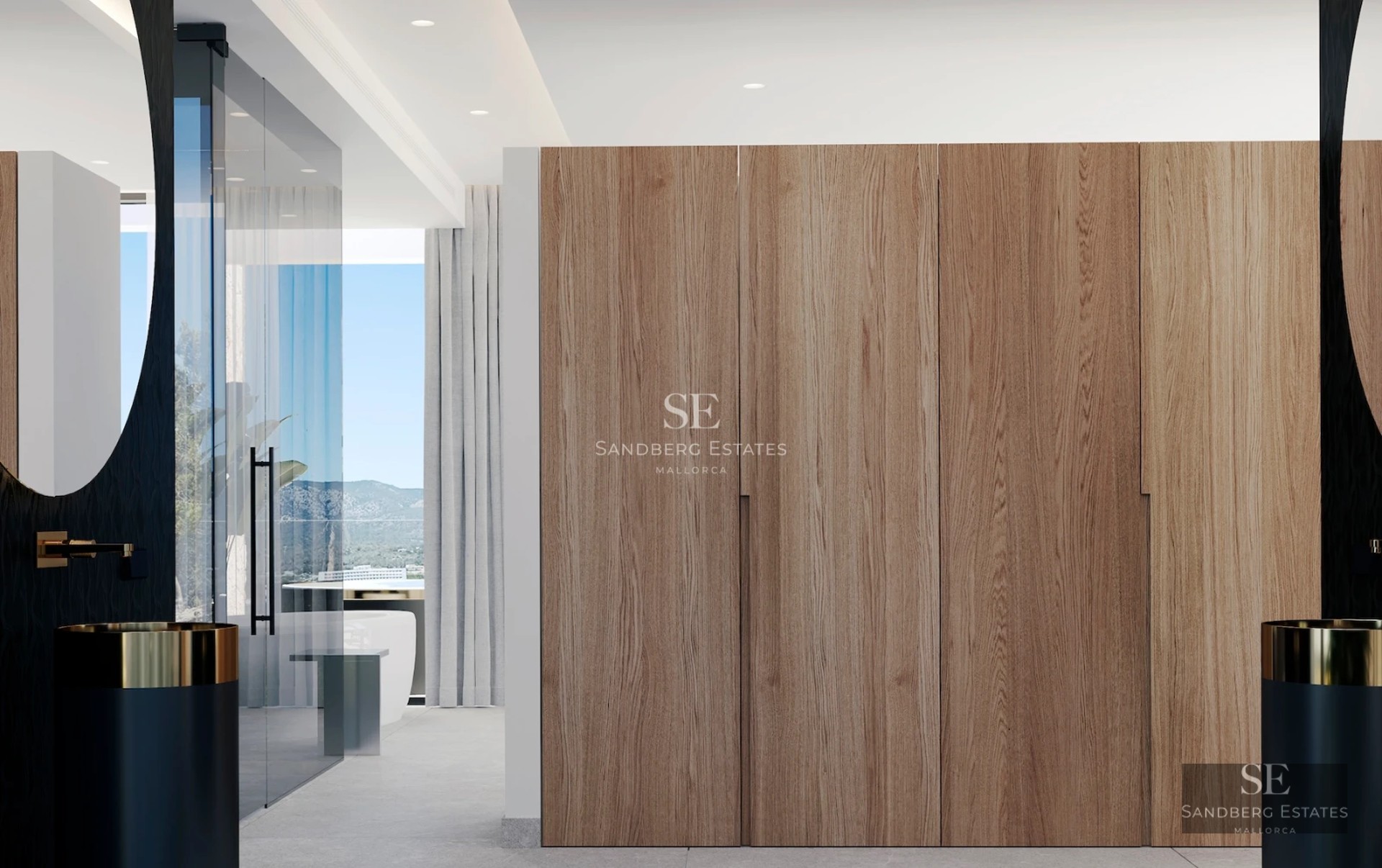 Exterior view with pool, sun loungers, umbrellas, and a modern house with large windows. Lush garden and blue sky.