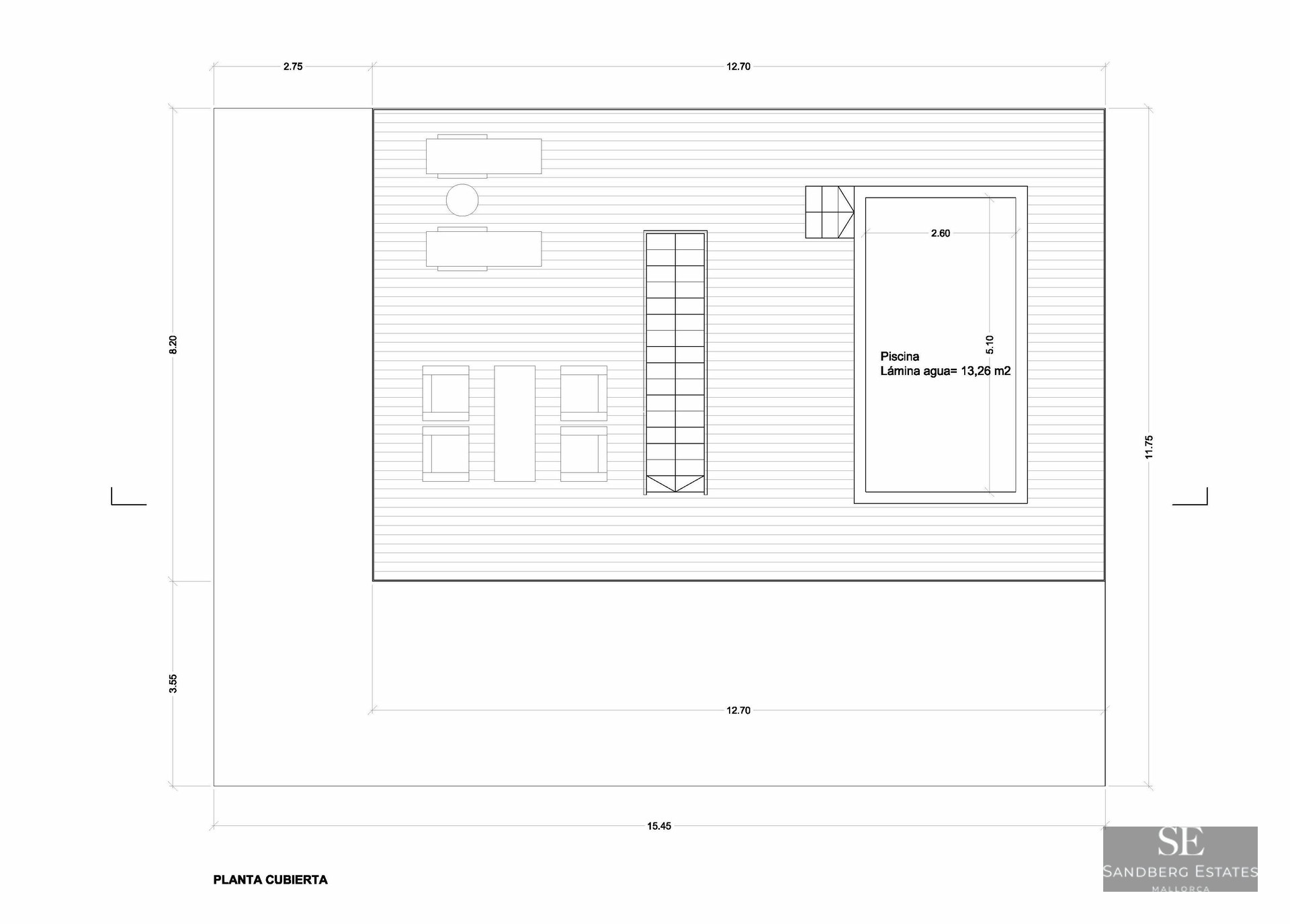 Technical architectural plan of a rooftop terrace showing a pool, lounge area, and sunbeds with dimensions.