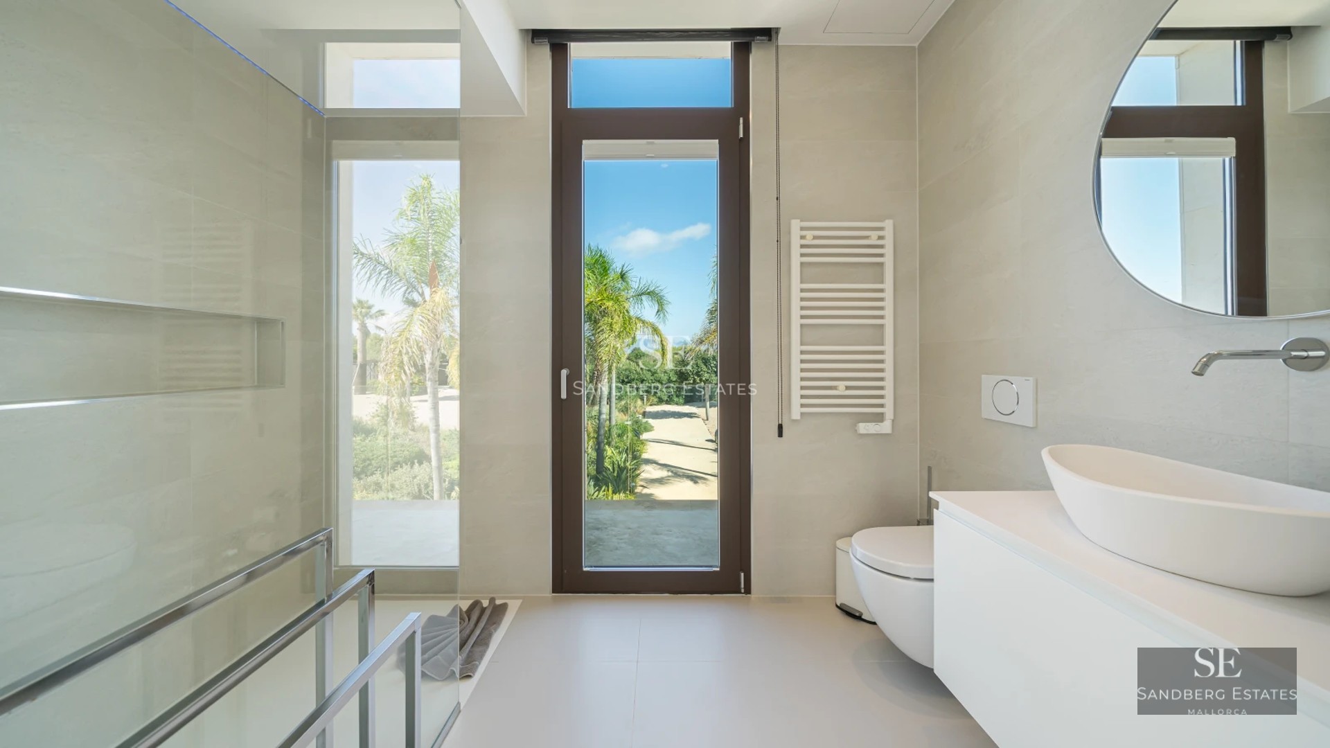 Spacious terrace with pool, sun loungers, and panoramic views. Modern architecture with large windows and minimalist design.