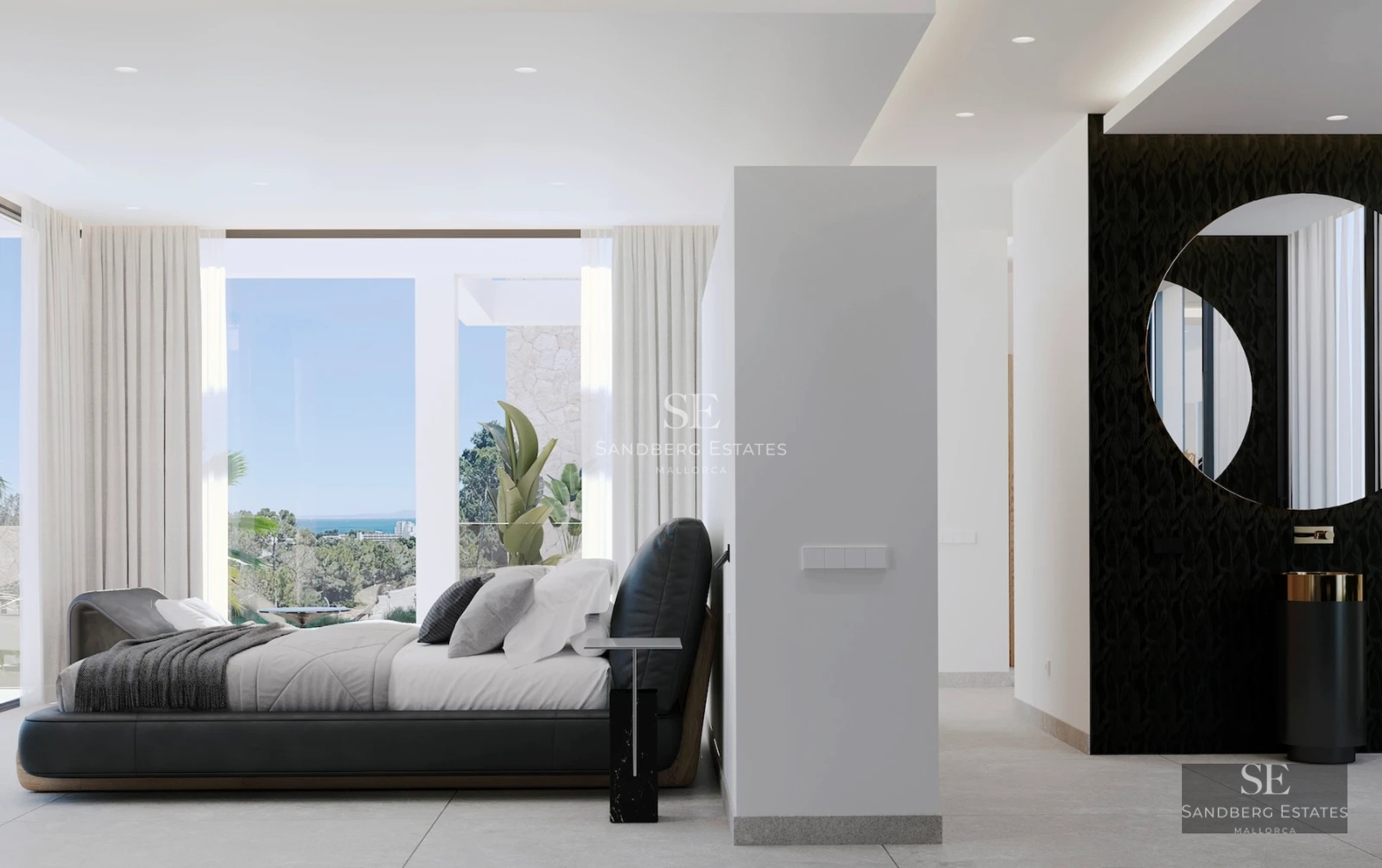 Spacious living room featuring floor-to-ceiling windows, sea views, and modern furniture. Bright and elegant interior.