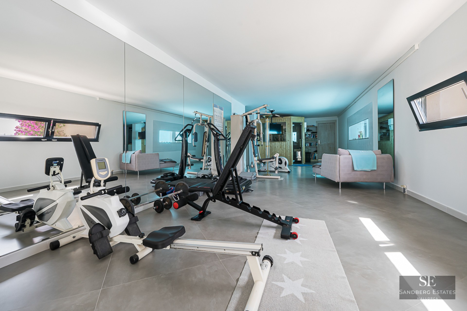 Spacious home gym featuring fitness equipment, large mirrors, and an integrated wooden sauna.