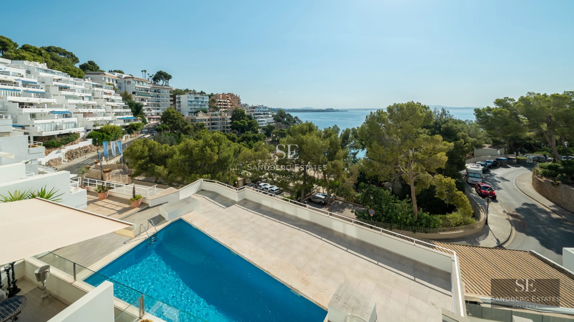 Exterior view of modern house with pool. Minimalist architectural design, large windows, lush garden, and tranquil environment.