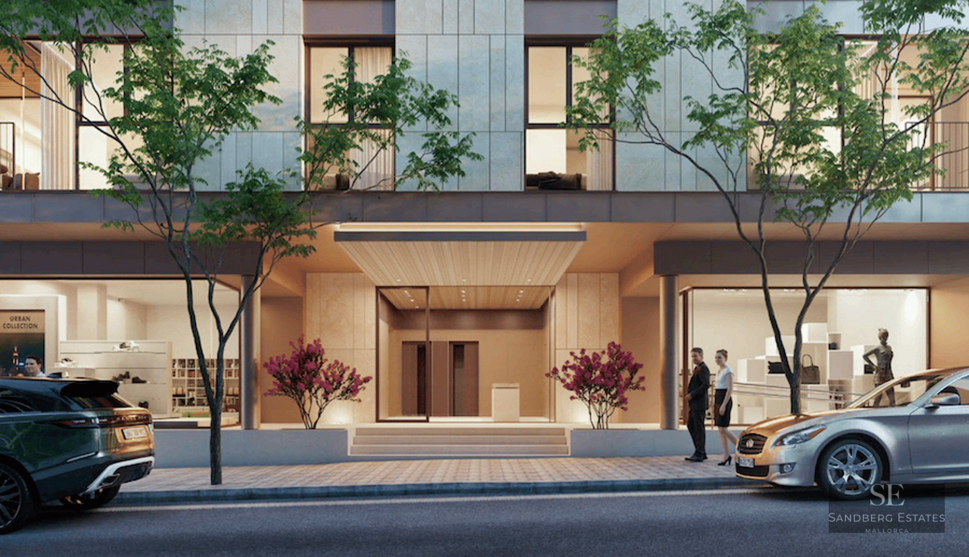 Ground floor of a modern building with central entrance, glass storefronts, sidewalk trees, and luxury cars.