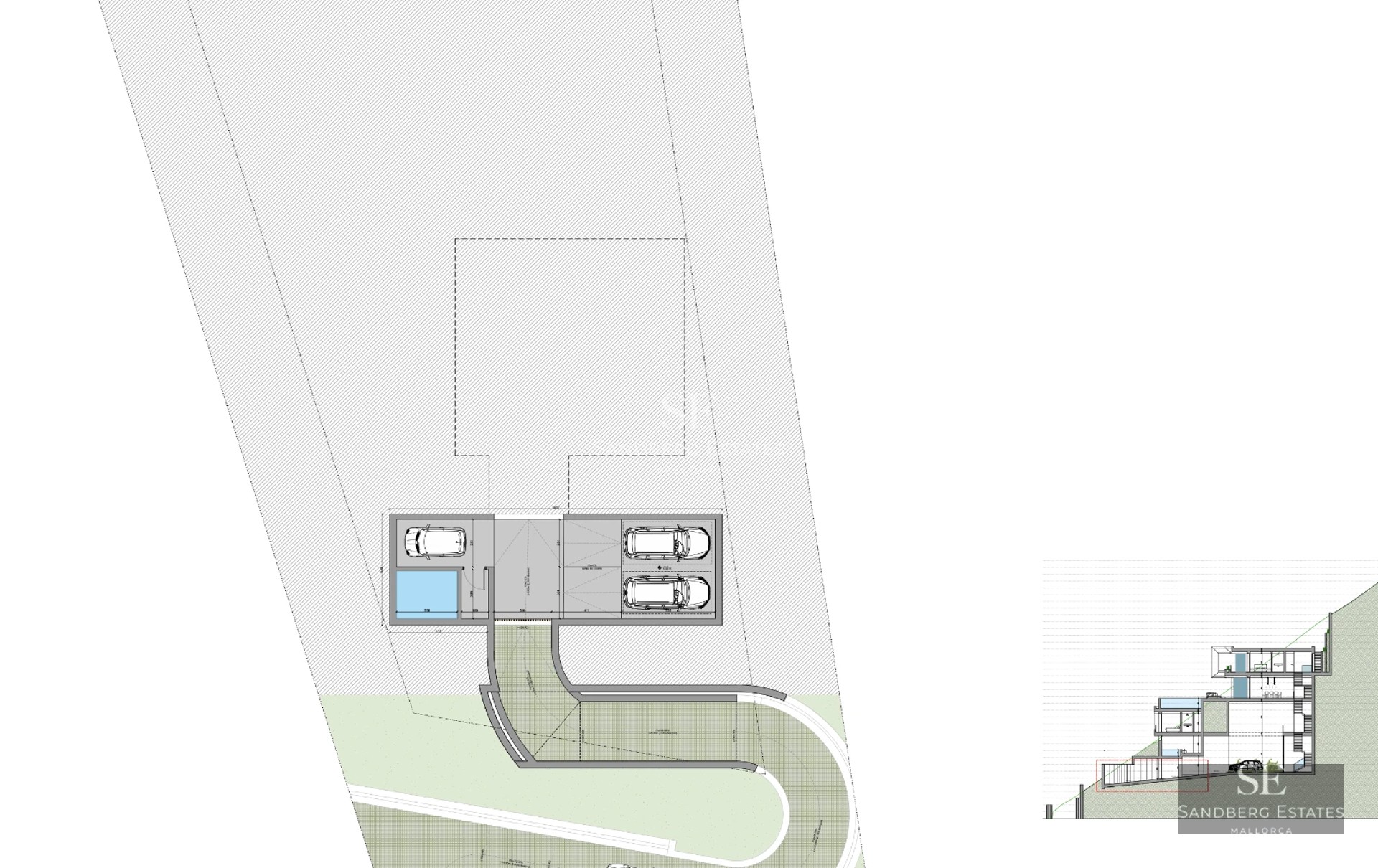 Exterior view of a modern villa with an infinity pool, lush garden, and expansive terraces. Sleek architectural design.