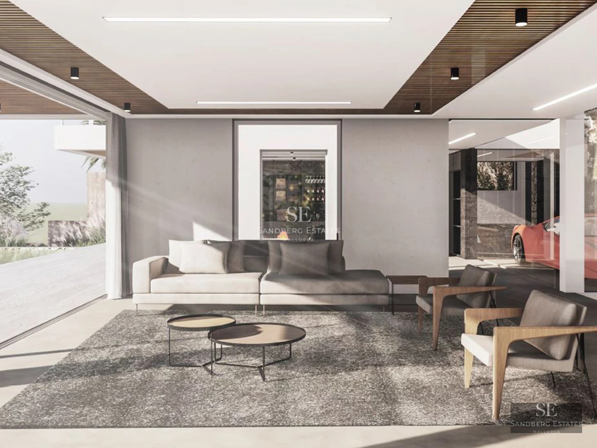 Exterior view of a modern villa featuring a pool, lush garden, and spacious terraces. Minimalist architecture and abundant natural light.