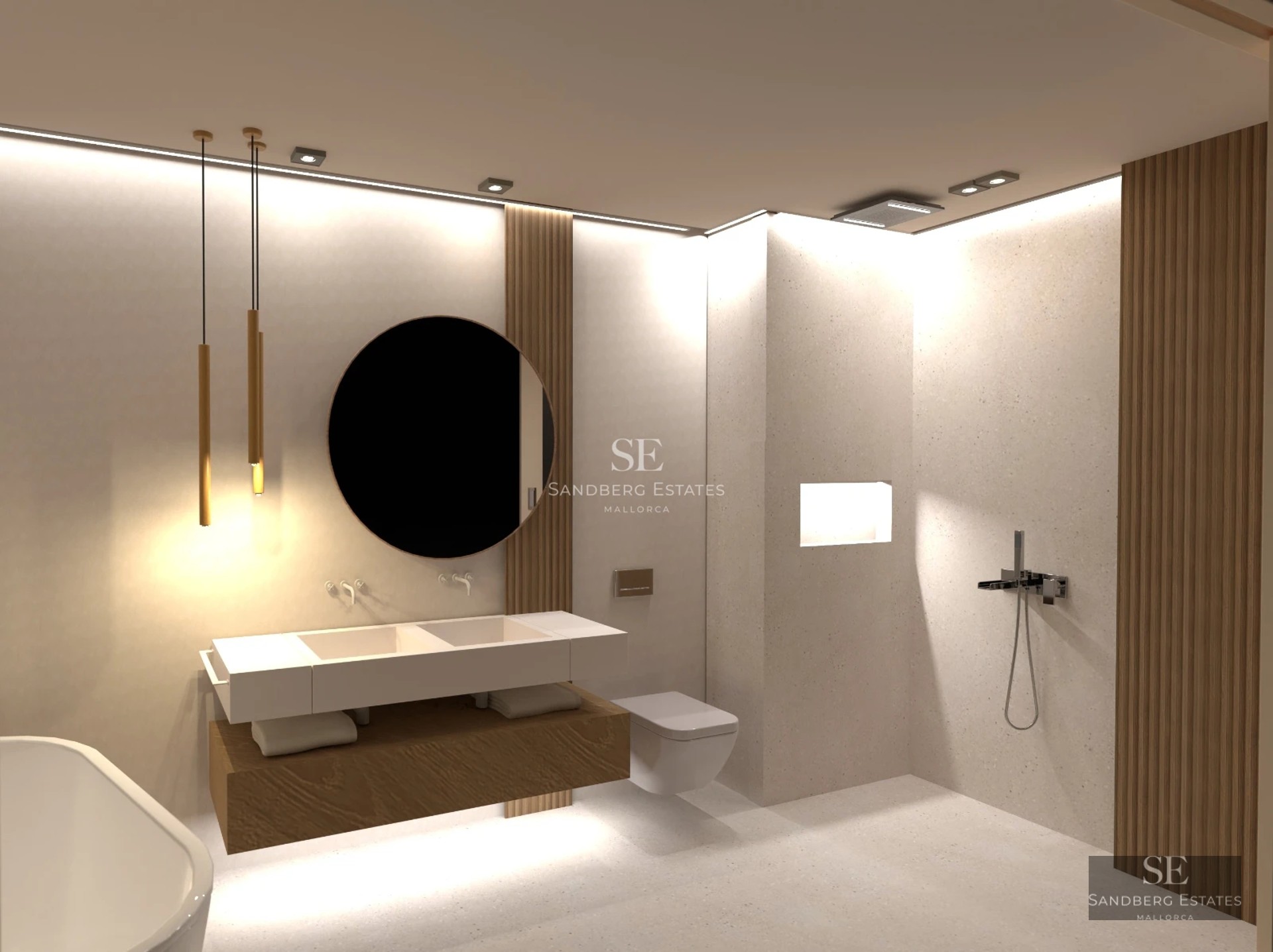 Exterior view of a modern villa with an infinity pool, lush garden, and minimalist architectural design. Soft lighting.