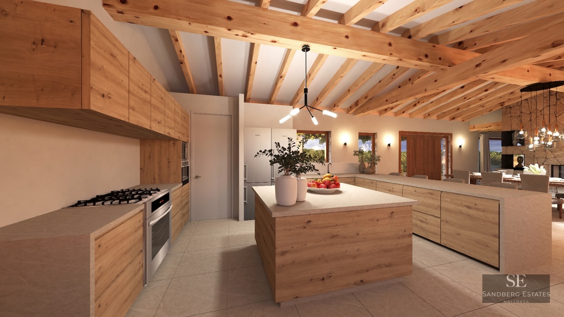 Spacious kitchen featuring exposed wood beams, light oak cabinetry, and a large central island.