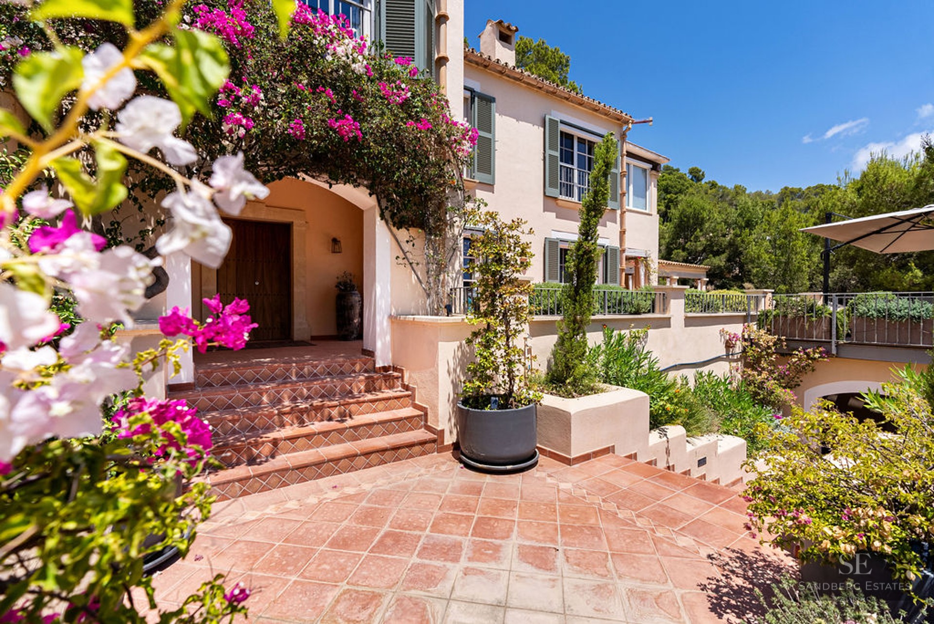 Terracotta steps leading to a wood door of a Mediterranean villa framed by pink bougainvillea.