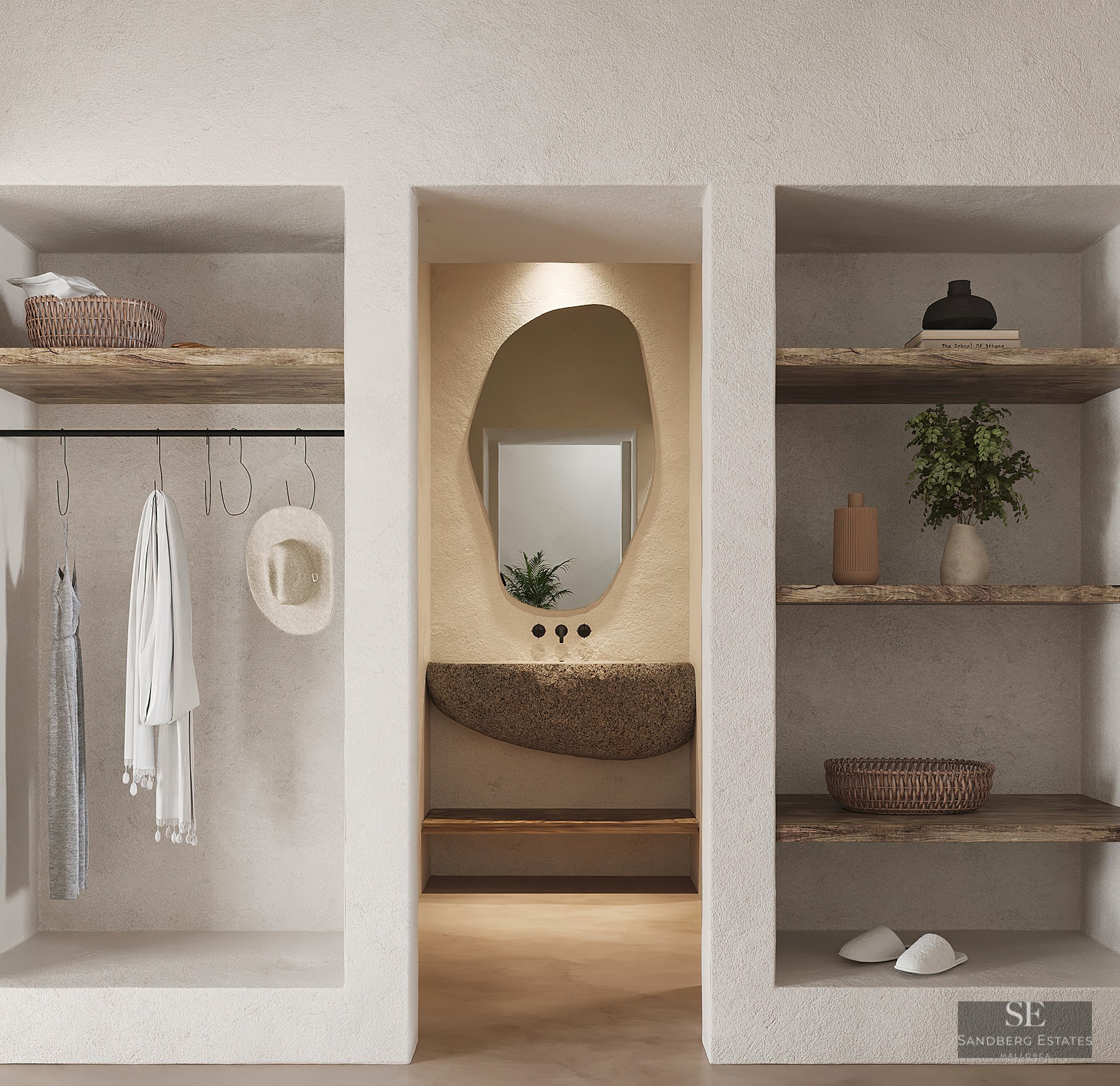 Walk-in closet featuring textured plaster walls, reclaimed wood shelves, a natural stone vanity, and an organic mirror.