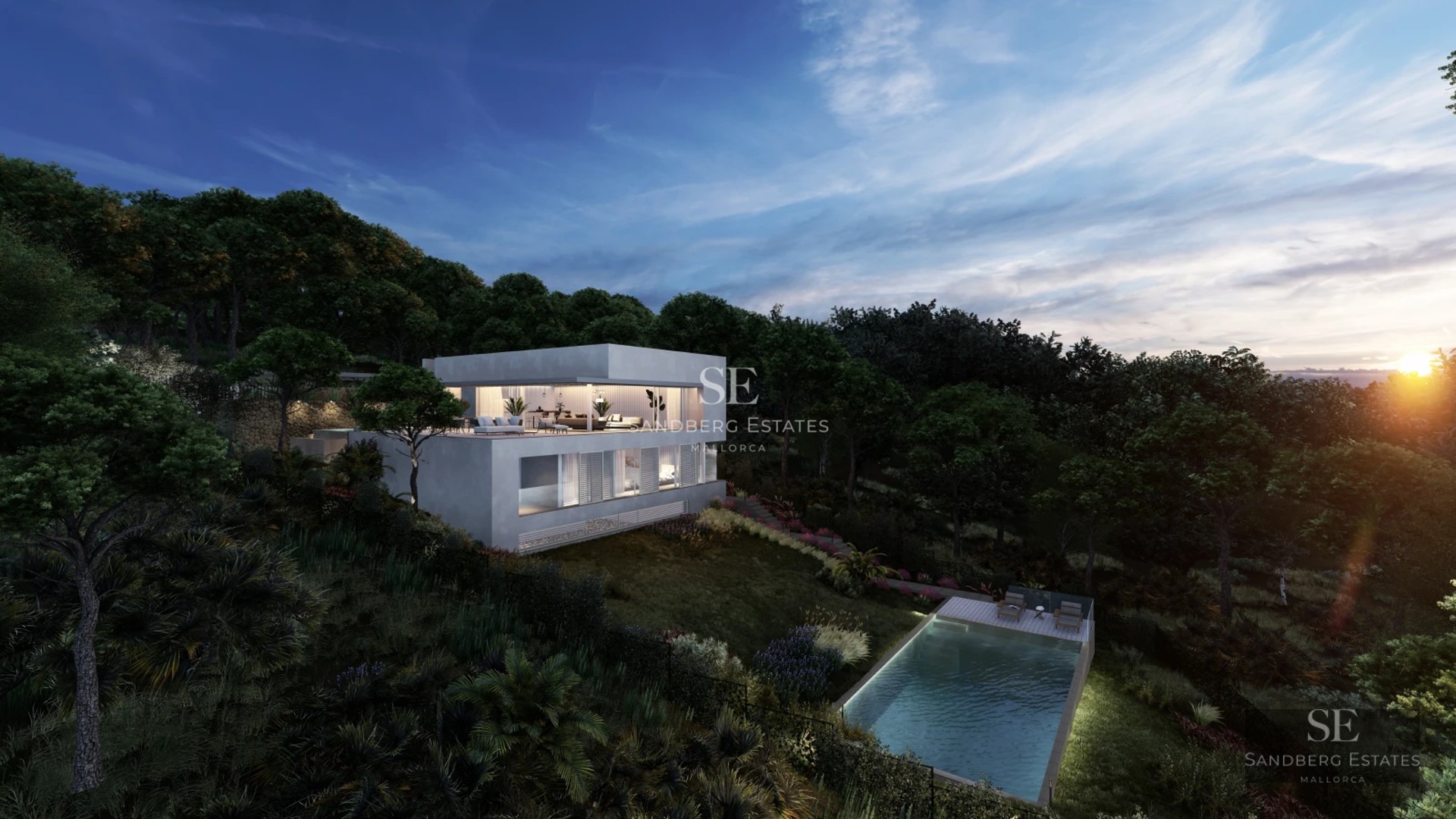 Exterior view of a modern villa with infinity pool, expansive terraces, lush gardens, and minimalist architecture.