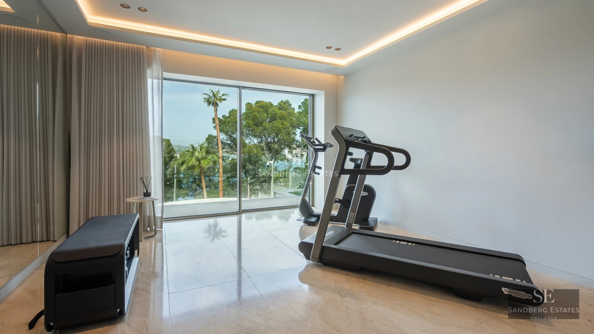Exterior view of a modern villa with infinity pool, lush garden, and large windows. Sleek architecture and contemporary design.